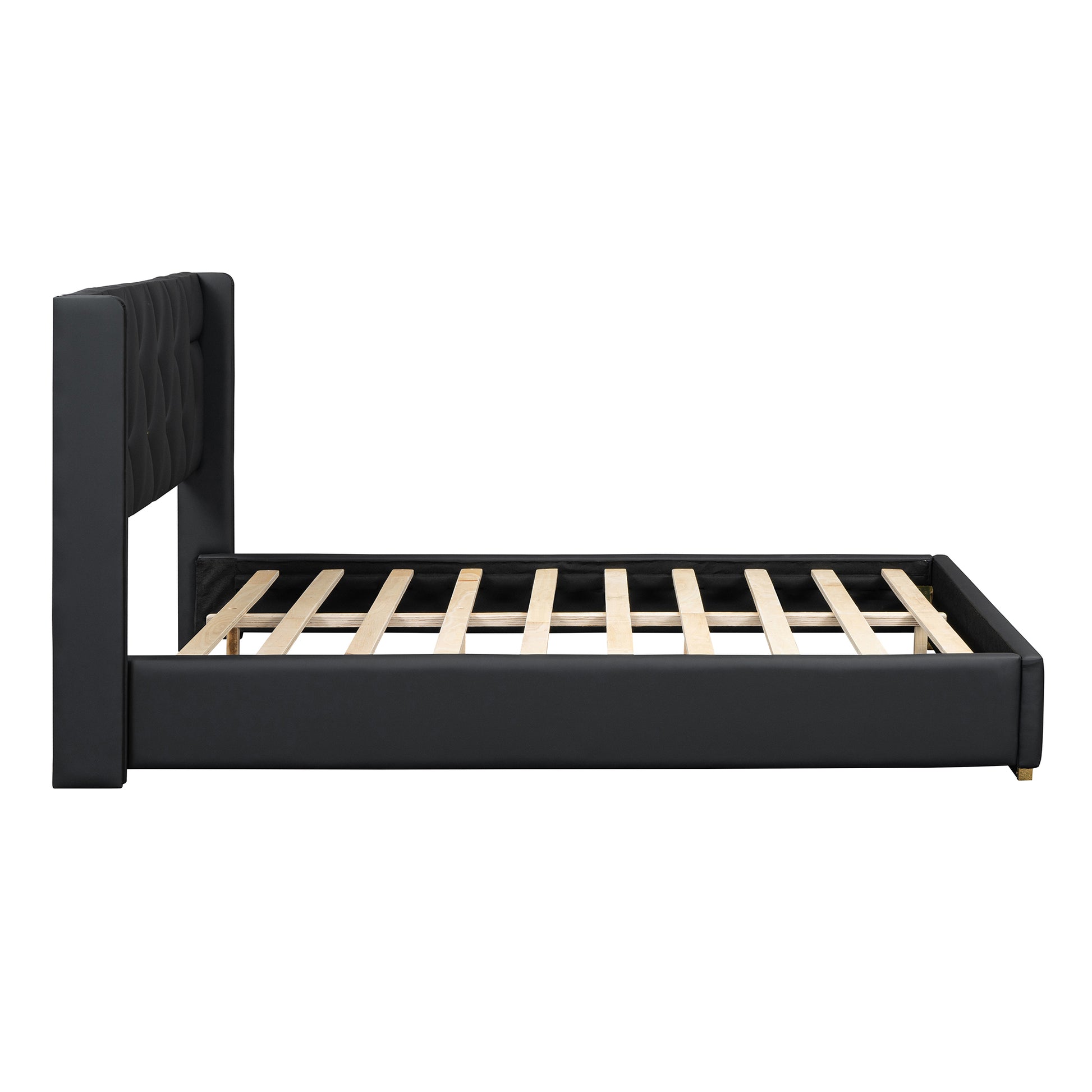 Full Size Upholstered Platform Bed With Metal Strips, Black Full Black Pu