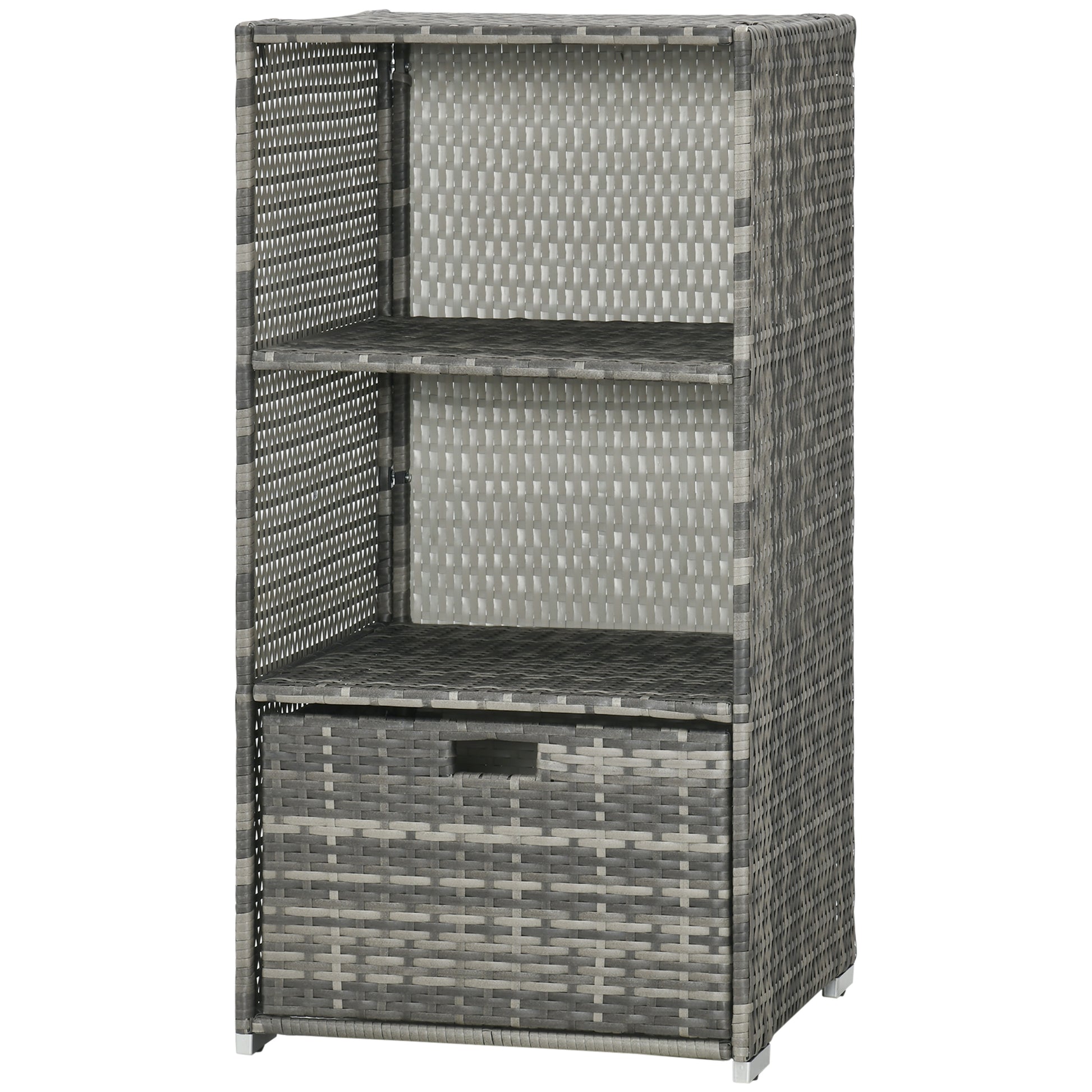 Outsunny Valet Pool Towel Rack, Waterproof Pe Plastic Rattan Wicker Storage Organizer, Indoor Outdoor Spa, And Hot Tub Accessory Storage, 2 Shelves, 1 Basket Drawer, Gray Grey Rattan