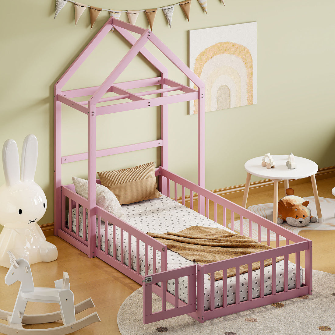 Wooden Floor Bed With Fence Railings And Detachable House Shape Headboard, Twin Size Bed With Kids Dress Up Rack, Kids Montessori Style Playhouse Frame For Girls Boys, Pink Twin Pink Wood