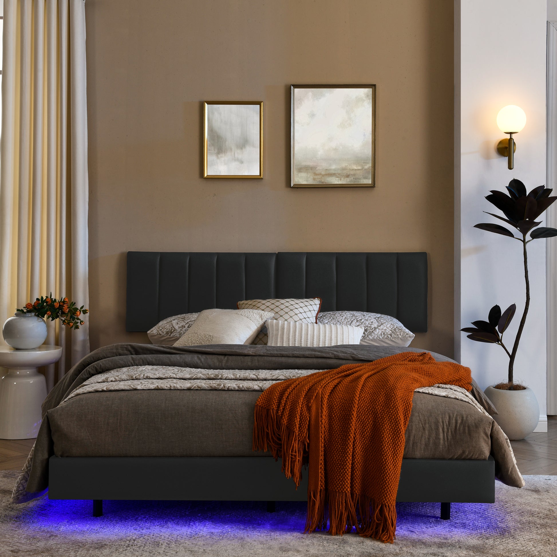 Queen Floating Bed Frame With Led Lights And Wall Mounted Headboard Modern Low Profile Led Platform Bed Frame Queen Size Faux Leather Upholstered Platform Bed Frame,No Box Spring Needed,Black Queen Black Pu