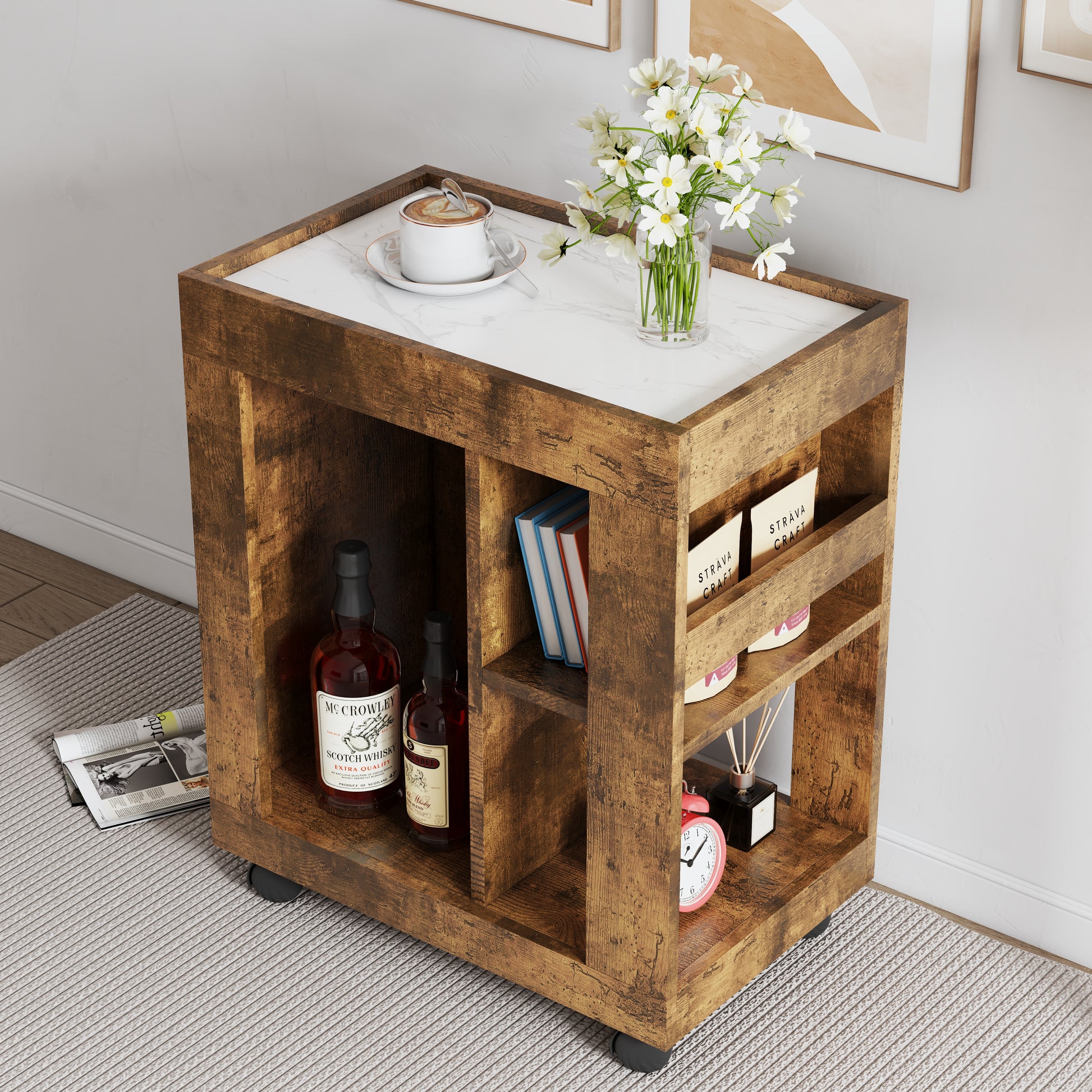 Mid Century Modern Style Movable Side Cabinet For Sofa, Household Brown Trolley Storage Locker And Shelf For Living Room. Black Brown Mdf