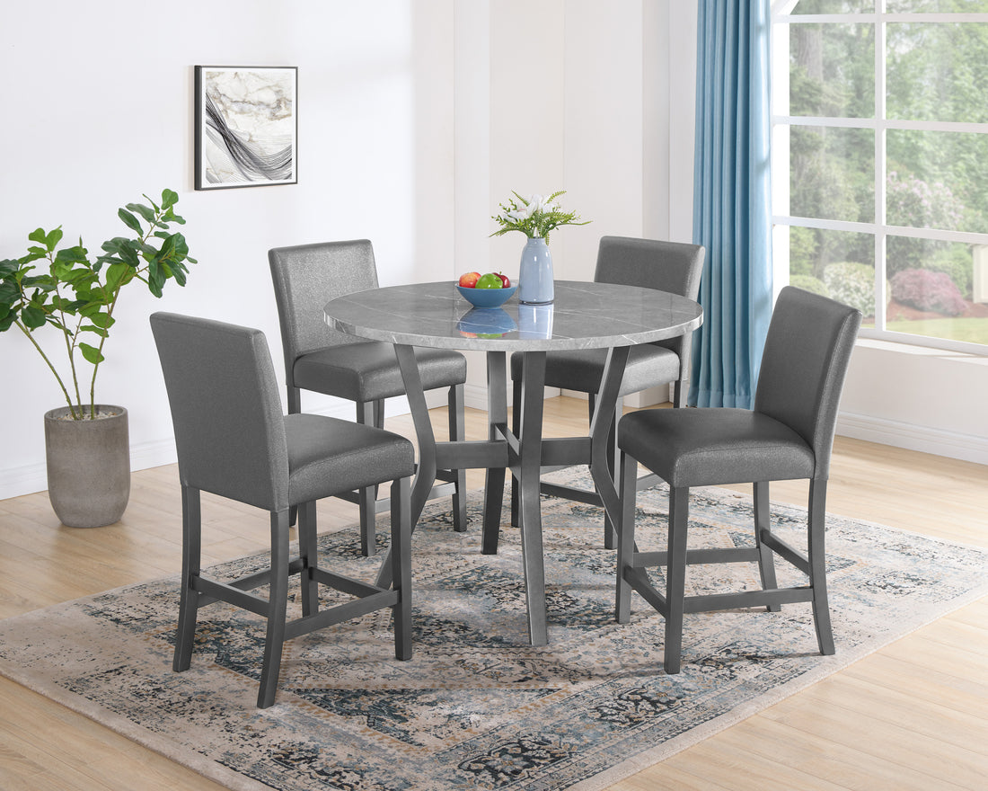 Beautiful 5 Pc Round Gray Stone Table Glitter Gray Finish Upholstered Chair Dining Room Wooden Counter Height Dining Set Furniture Transitional Style Wood Wood Gray Seats 4 Wood Dining Room Fixed Table Transitional 4 Leg Round Dining Table With Chair