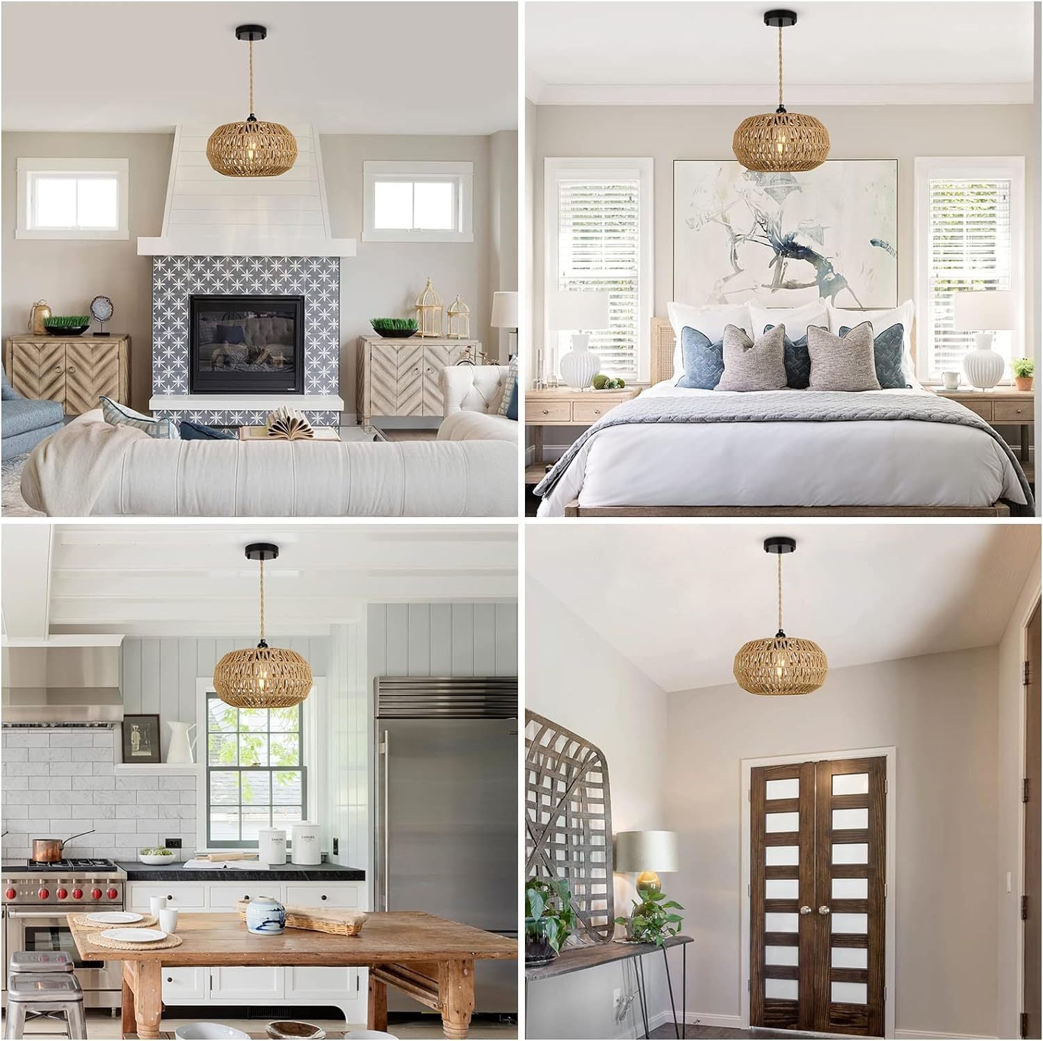 Farmhouse Led Rattan Pendant Lights, Boho Chandelier Light Fixture, Rustic Wicker Hand Woven Rope Cage Basket Pendant Hanging For Dining Room Living Room Kitchen Bedroom Nursery Foyer Hallway Entryway Brown Rattan Metal