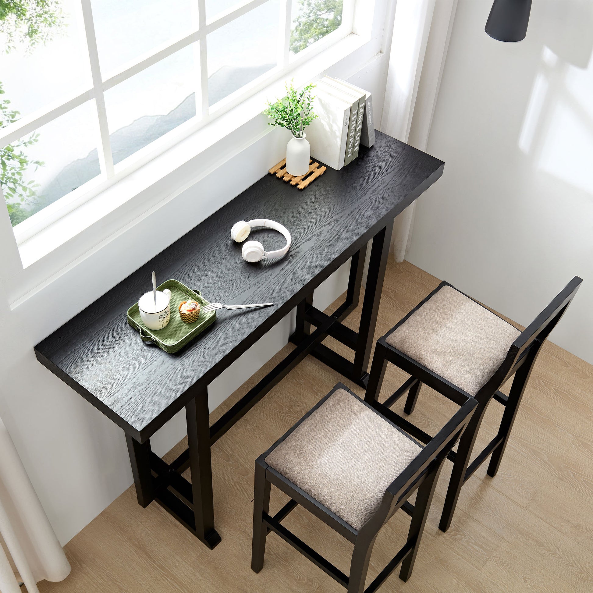 Bar Table,Bar Chair, Extra Long Entryway Table For Entryway, Hallway, Living Room, Foyer, Corridor, Rectangular Wood High Top Kitchen Dining Table, Black Matt Black Solid Wood Mdf