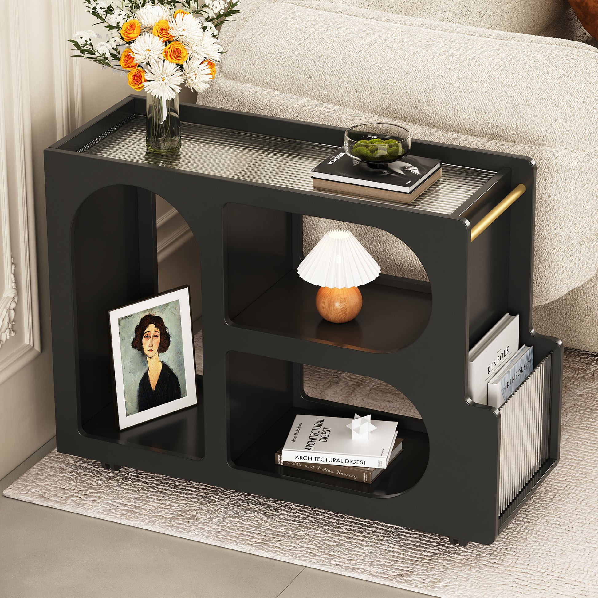Mobile End Table With Lockable Wheels, Narrow Coffee Table With 5Mm Thick Fluted Tempered Glass, Modern Nightstand With Golden Round Rod, Living Room, Black, 31.5''W X11.8''D X 23.1''H Black Primary Living Space Mdf