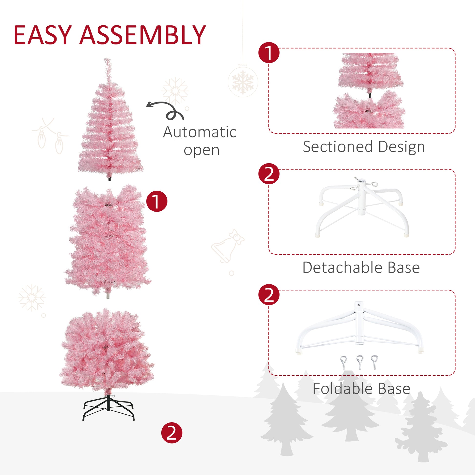 Homcom 7' Tall Unlit Slim Douglas Fir Artificial Christmas Tree With 818 Realistic Branch Tips, Pink Pink Plastic