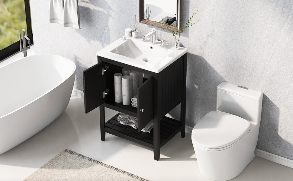 Video 24" Black Modern Sleek Bathroom Vanity Elegant Ceramic Sink With Solid Wood Frame Open Style Shelf Black Solid Wood Mdf