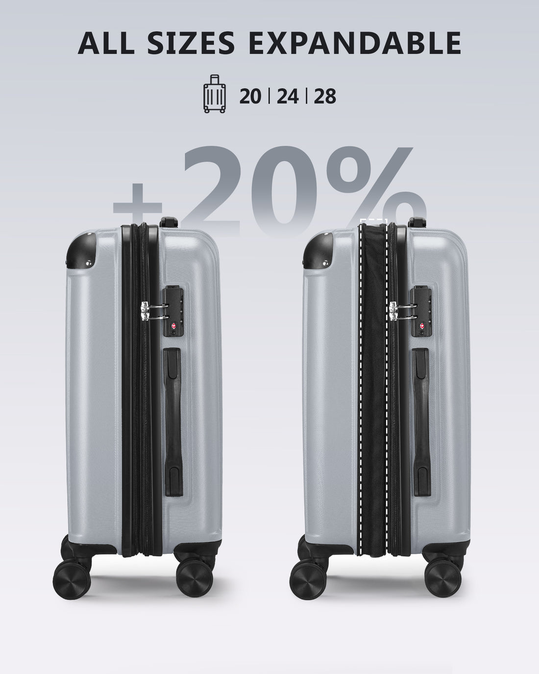 20 Inch Carry On Luggage With Tsa Lock& Double Spinner Wheels, Expandable For Large Storage Silver Abs