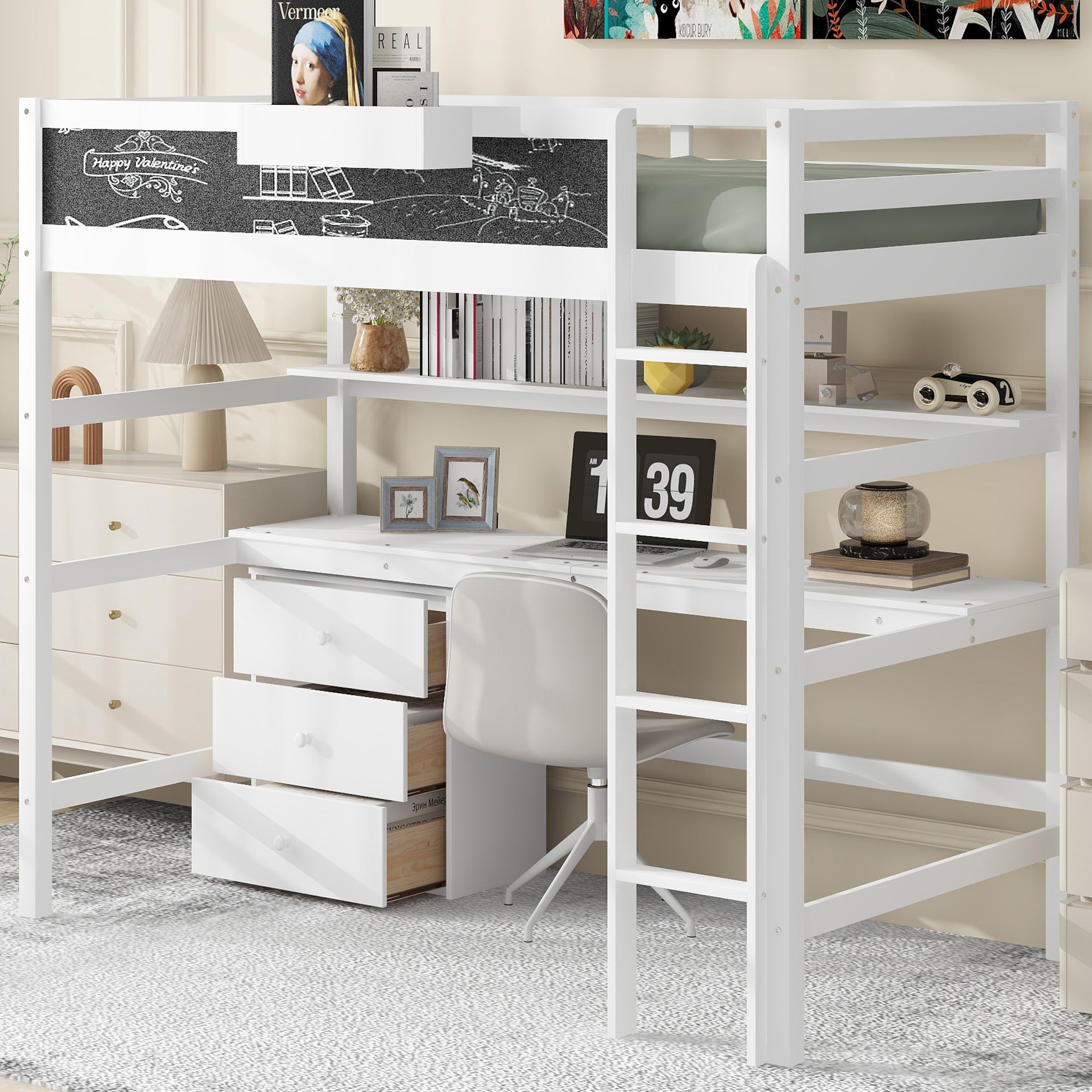 Wood Twin Size Loft Bed With Desk, Blackboard, Storage Box, Shelf And 3 Drawers, White Box Spring Not Required Twin White Wood Solid Wood Mdf