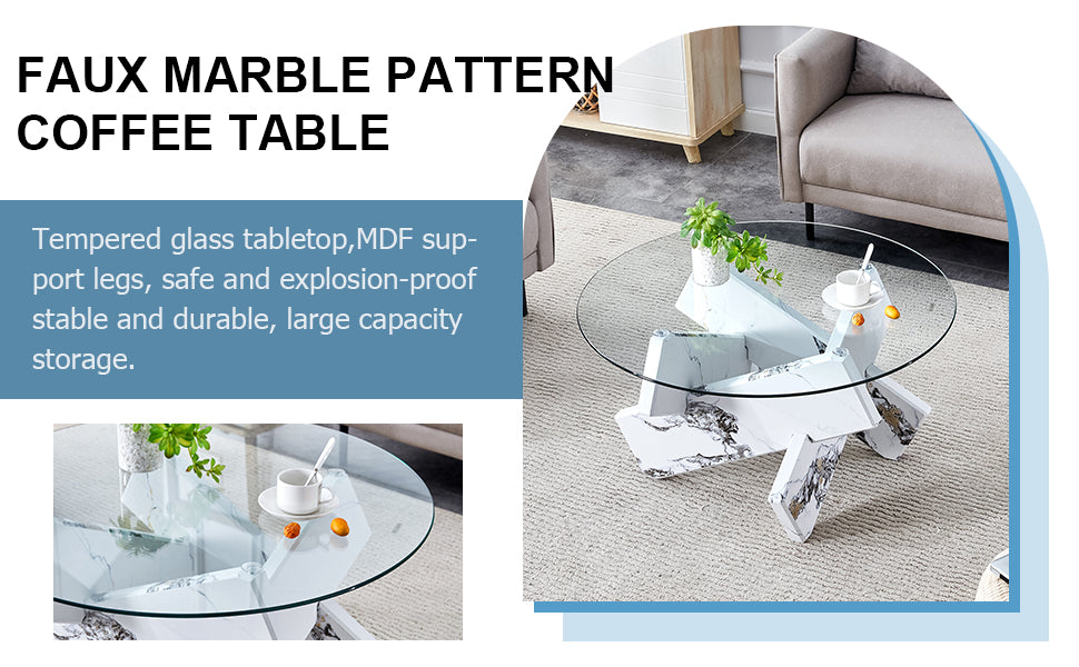 Round Glass Coffee Table, 33.4 "Modern Design Unique Coffee Table. Tempered Glass Countertop With White Patterned Mdf Legs. Suitable For Living And Dining Rooms White Mdf Glass