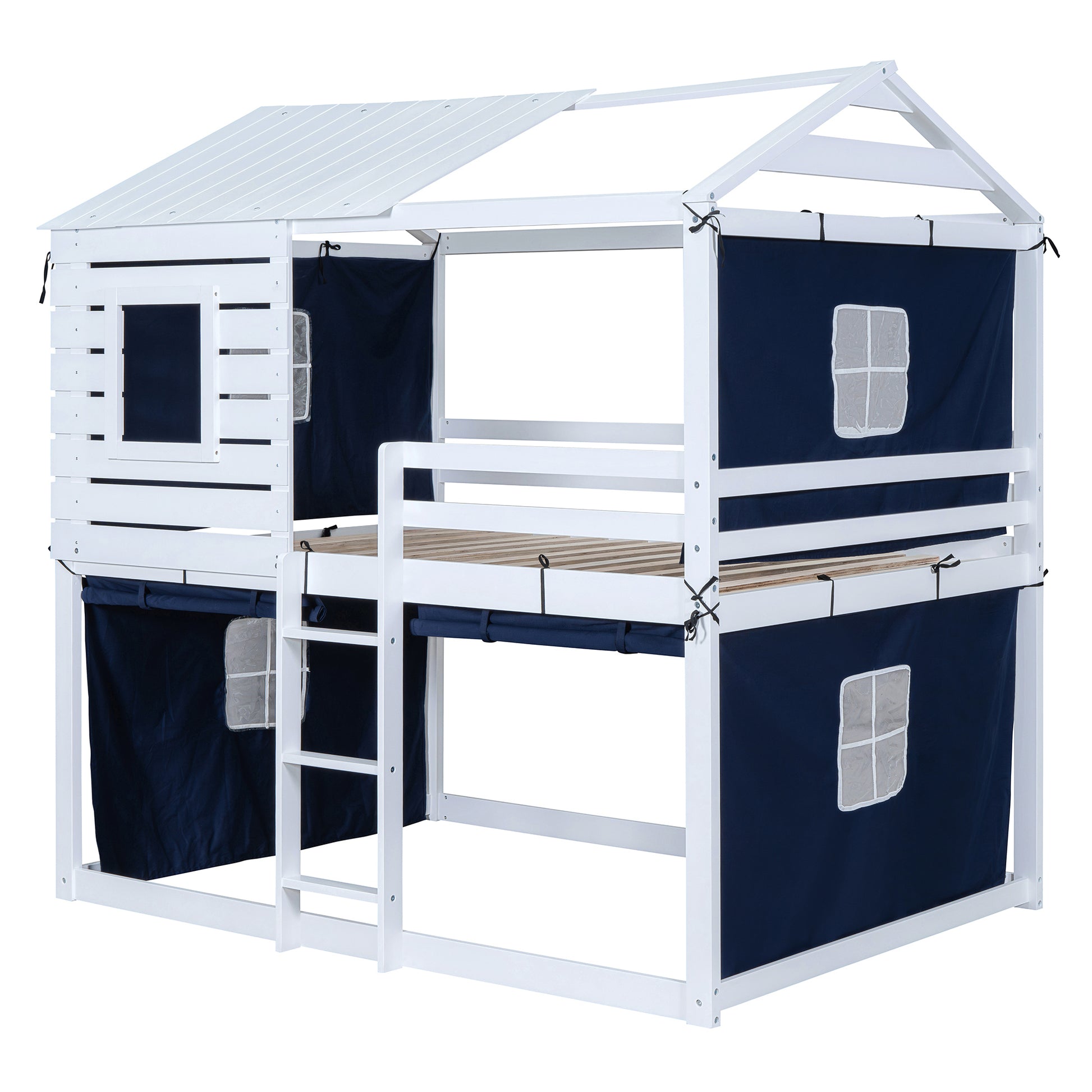 Full Size Bunk Wood House Bed With Tent, Blue White Full Blue Solid Wood Mdf