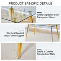 Table And Chair Set.Modern Rectangular Glass Dining Table With Tempered Glass Countertop And Golden Metal Legs, Paired With Multiple Transparent High Quality Pet Dining Chairs With Golden Legs. Gold Seats 8 Tempered Glass