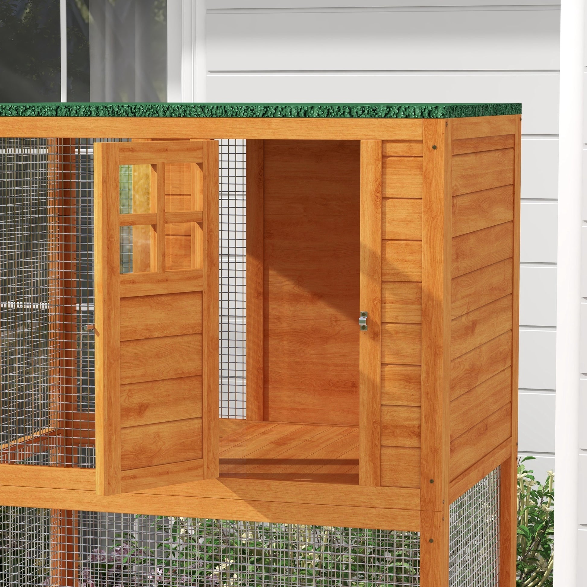 Pawhut 74" Wooden Outdoor Cat House Weatherproof & Wheeled, Catio Outdoor Cat Enclosure With High Weight Capacity, Kitten Cage Condo, Orange Orange Wood