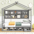 Twin House Bed With Roof Frame, Bedside Shelves, Under Bed Storage Unit,Grey Twin Grey American Design Pine