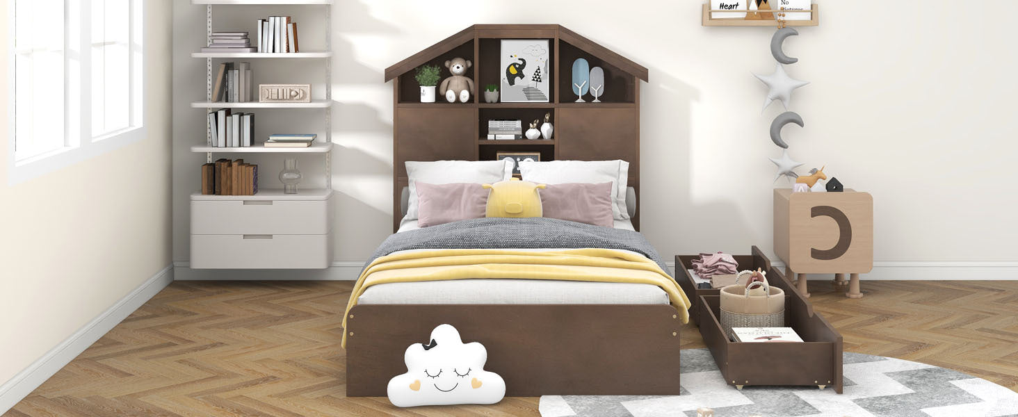 Twin Size Wood Platform Bed With House Shaped Storage Headboard And 2 Drawers, Walnut Box Spring Not Required Twin Walnut Wood Bedroom Solid Wood Mdf