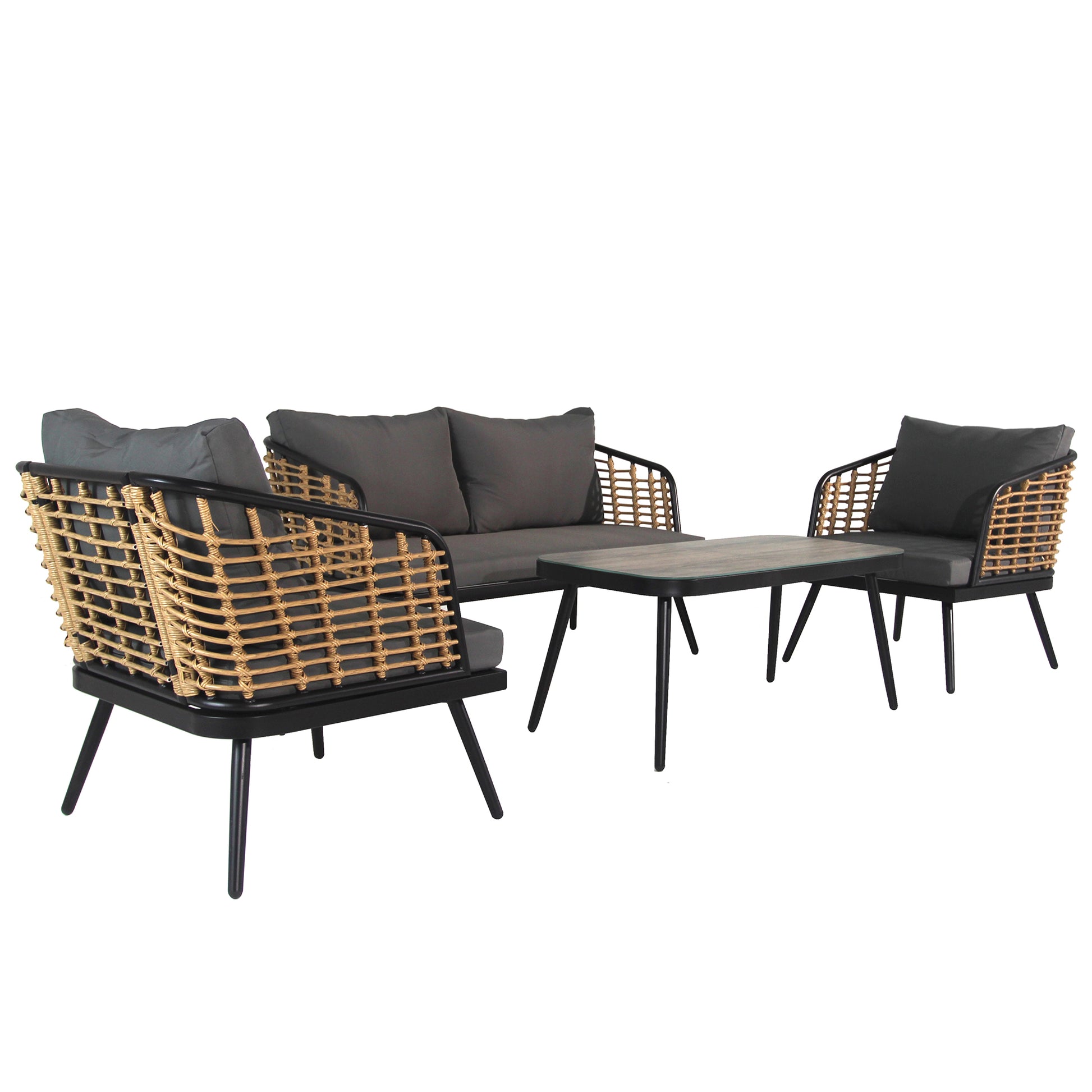 4 Pieces Patio Furniture Set, Pe Rattan Wicker 4 Pcs Outdoor Sofa Set W Washable Cushion And Tempered Glass Tabletop, Conversation Furniture For Garden Poolside Balcony Black Natural Steel