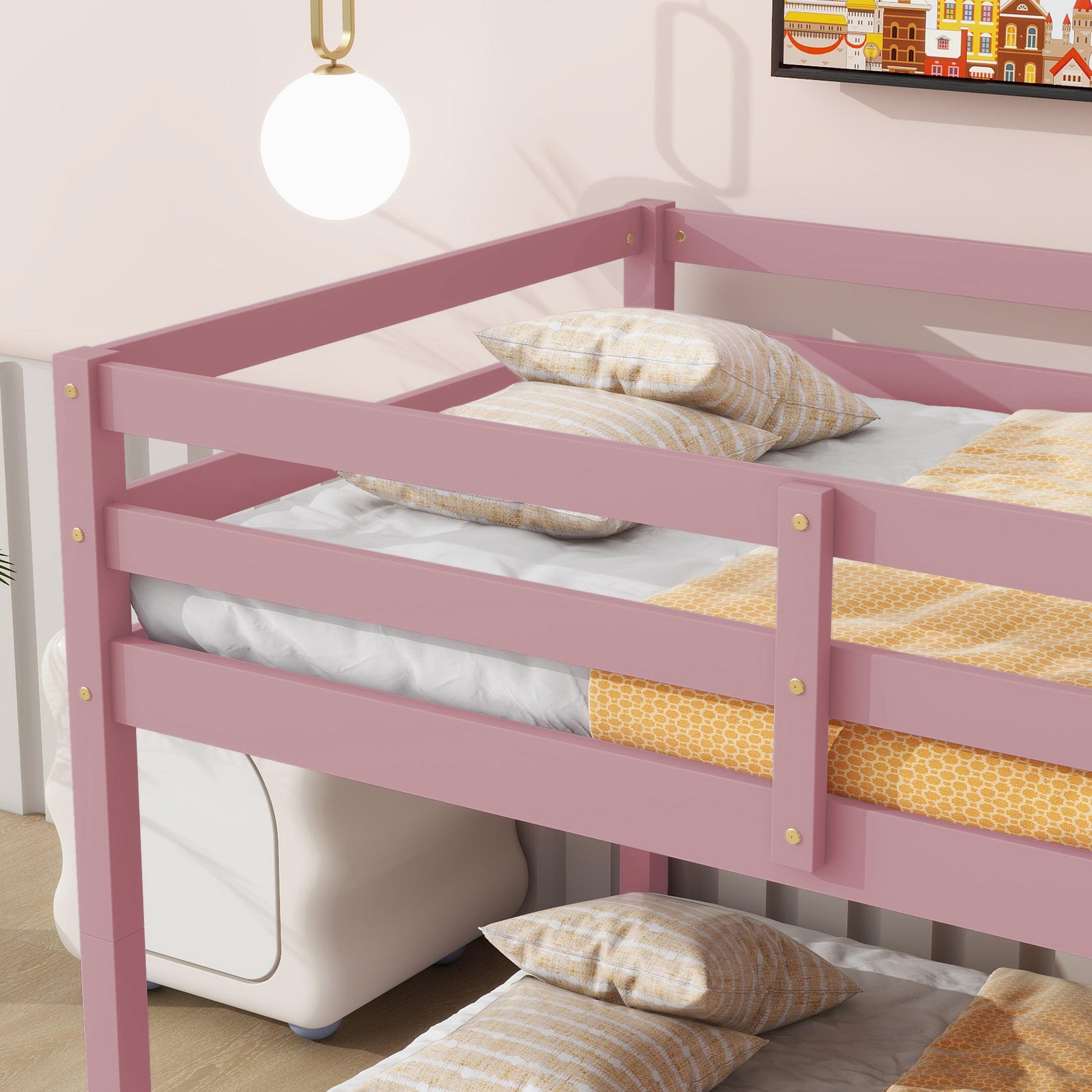 Twin Over Twin Floor Bunk Bed,Pink Twin Pink Pine