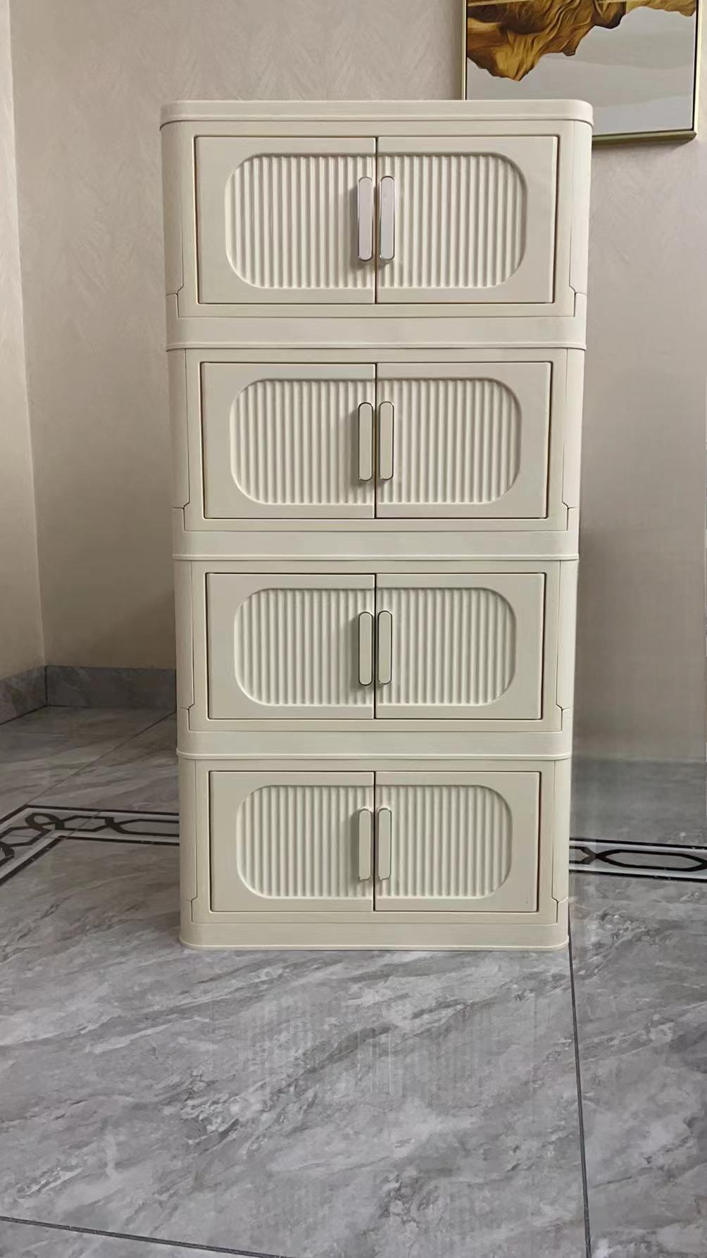 Cream White,19.69" Side Wide Folding Storage Cabinet ,4 Tiers,19.69" 11.81" 40.55",Collapsible Storage Bins With Magnetic Door, Plastic Storage Cabinet With Wheels Cream White Plastic