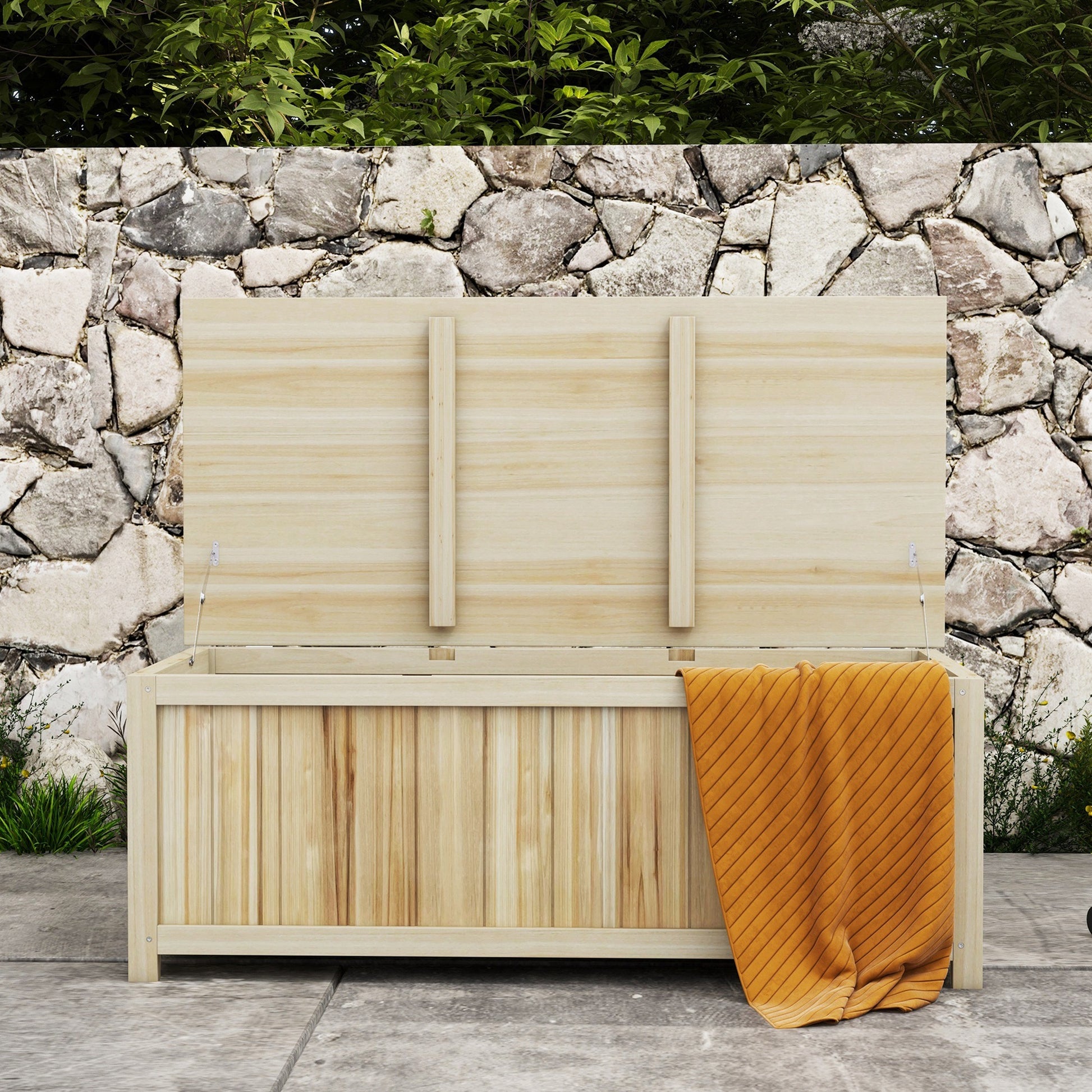 Outsunny 45.5 Gallon Outdoor Storage Box, Wooden Deck Box Garden Storage Container For Balcony, Porch, Poolside Natural Wood