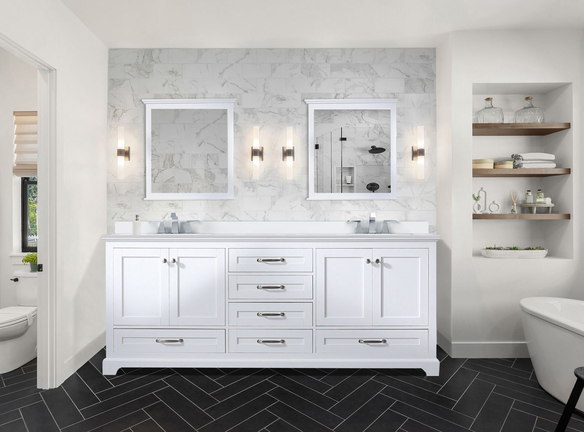 White Double Bath Vanity 80 In. W X 22 In. D, Cultured Marble Top, And Faucet Set White Plywood Wood