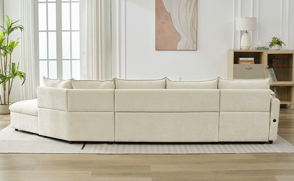 146.9" L Shaped Sofa Sectional Sofa Couch Pull Out Sofa Bed With A Movable Storage Ottoman, A Storage Chaise Lounge And Two Usb Ports For Living Room, Beige Beige Foam Linen 5 Seat