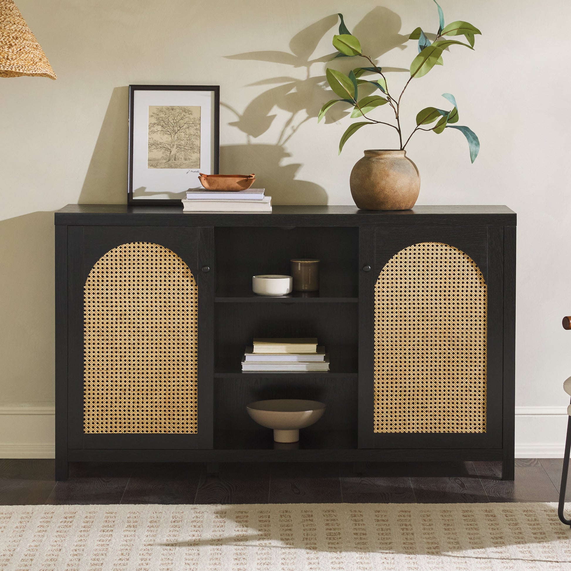 Transitional 58" 2 Door Sideboard With Arched Rattan Panels, Black Black Mdf Mdf