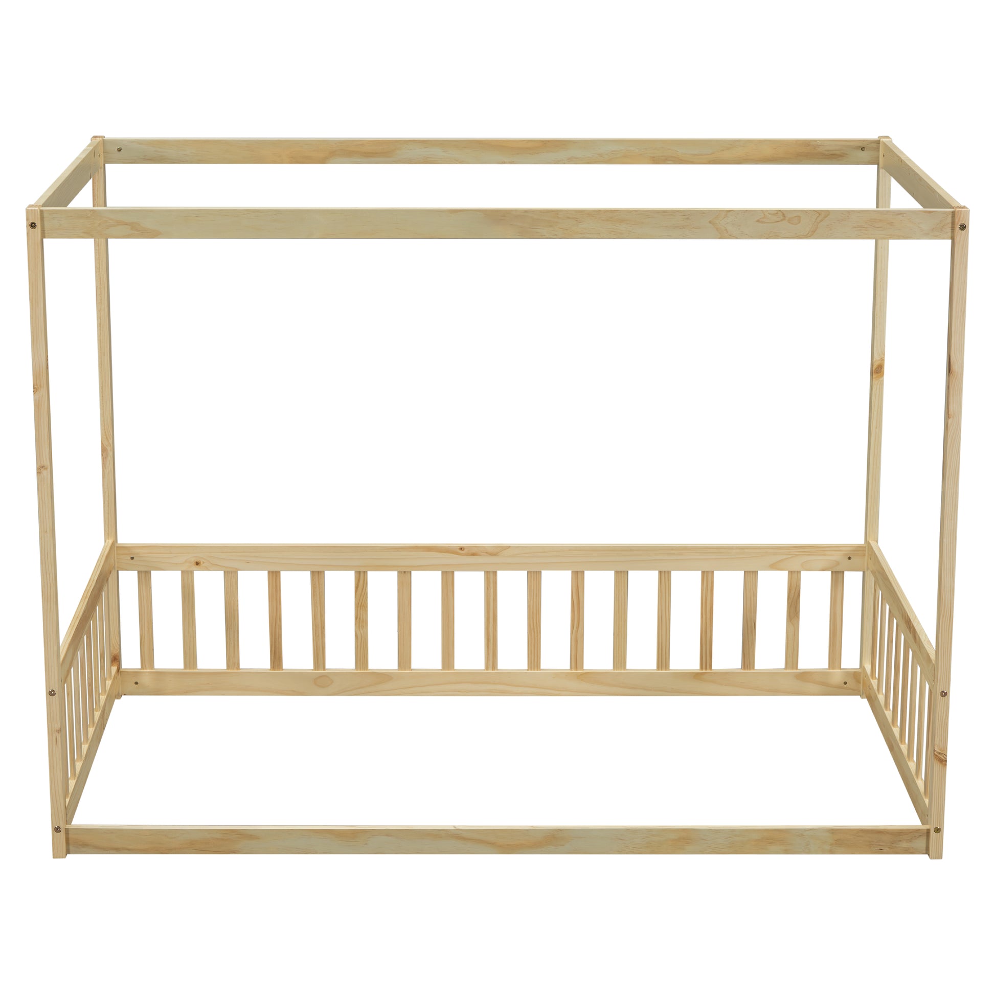 Twin Size Canopy Frame Floor Bed With Fence, Guardrails,Natural Twin Natural American Design Pine