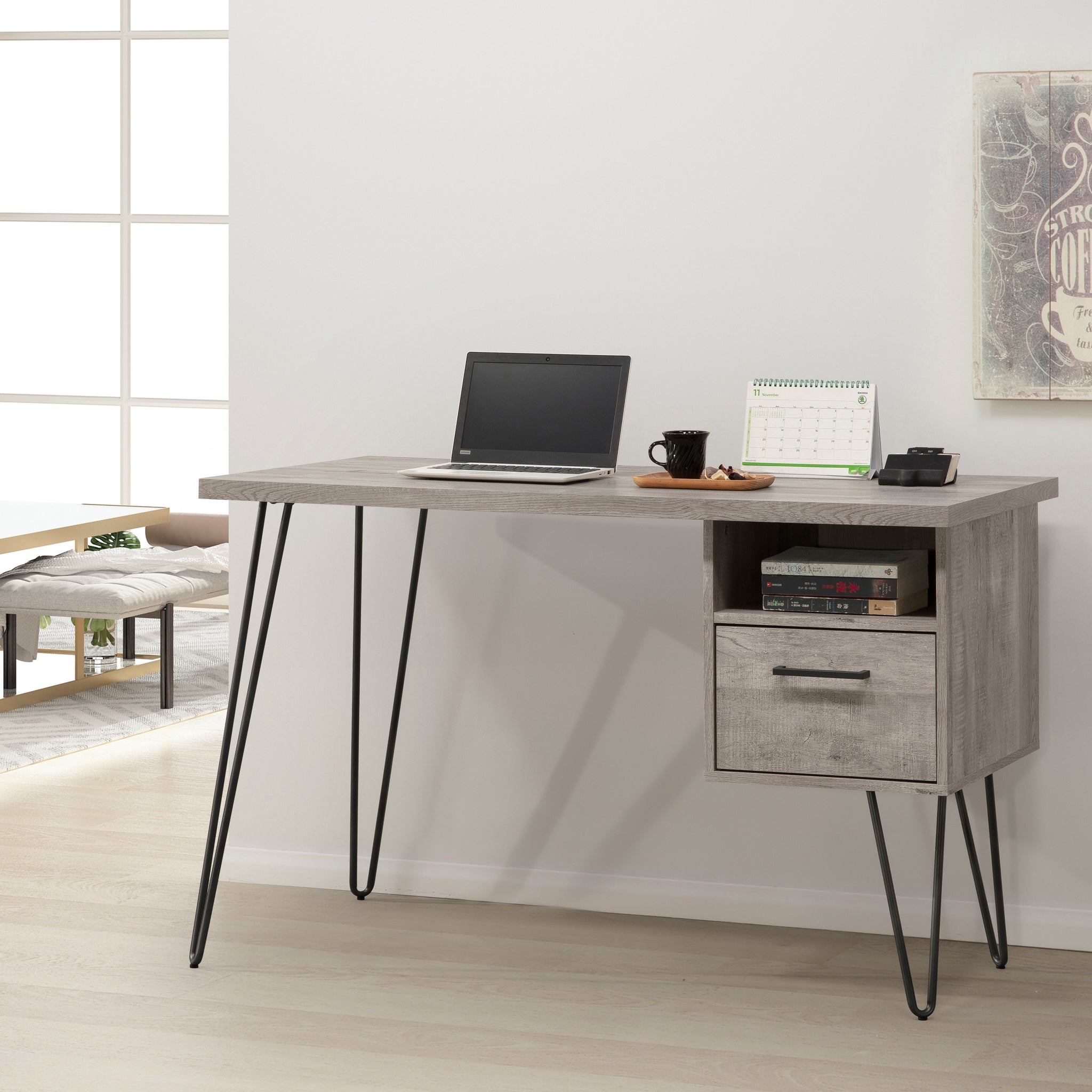 Grey Oak Desk Gray Wash Mdf Metal