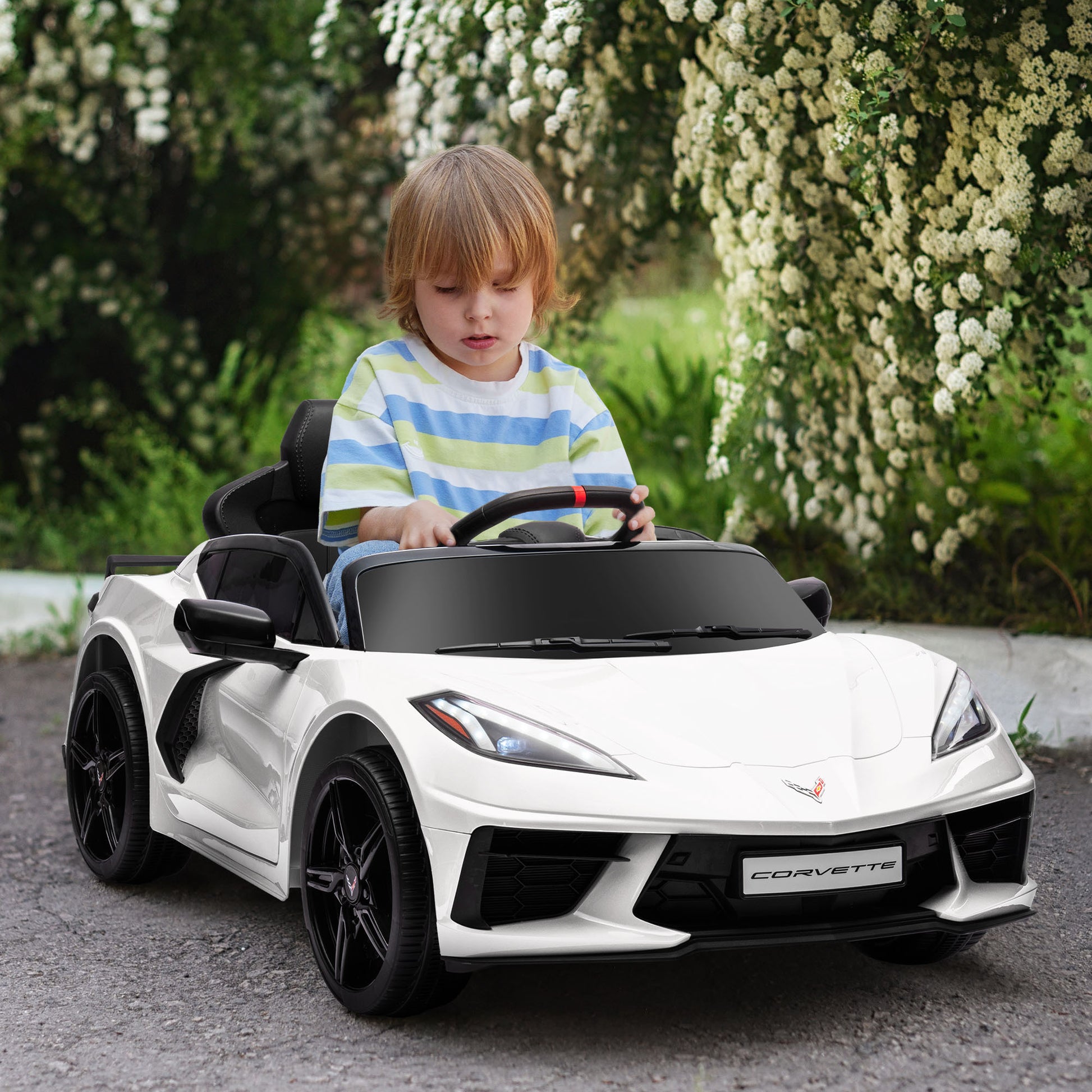 Qaba Electric Car For Kids, 12V Chevrolet Corvette Licensed Kids Car With Parental Remote Control, Suspension System, Music, Horn, Headlight, Slow Start, Kids Electric Car For 3 6 Years, White White Plastic