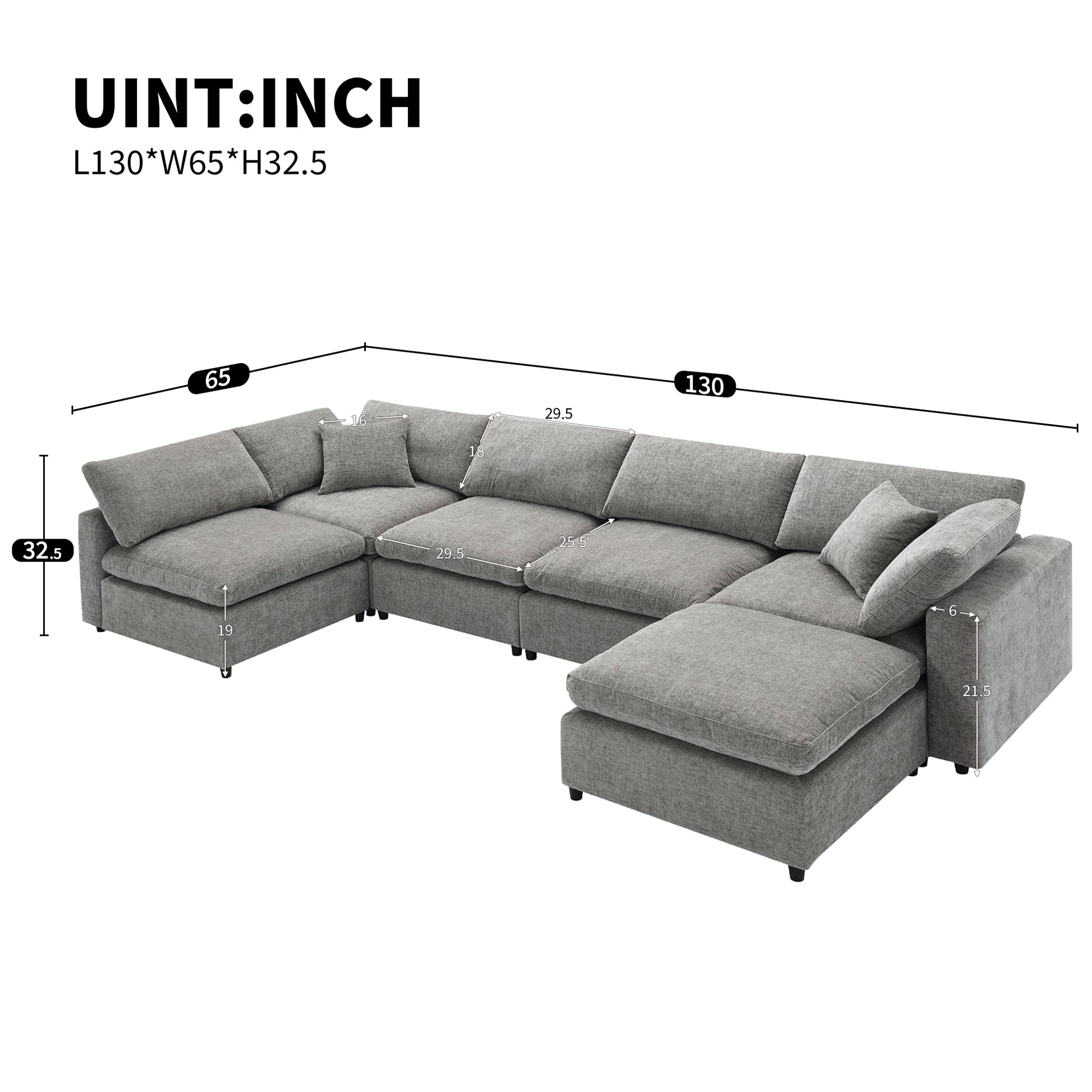 130*65" Modern Modular Cloud Sofa Bed, 6 Seat Chenille Sectional Couch Set With Ottoman,Free Combination,Convertible U Shaped Sleeper Sofa For Living Room, Apartment, 3 Colors Gray Chenille 6 Seat