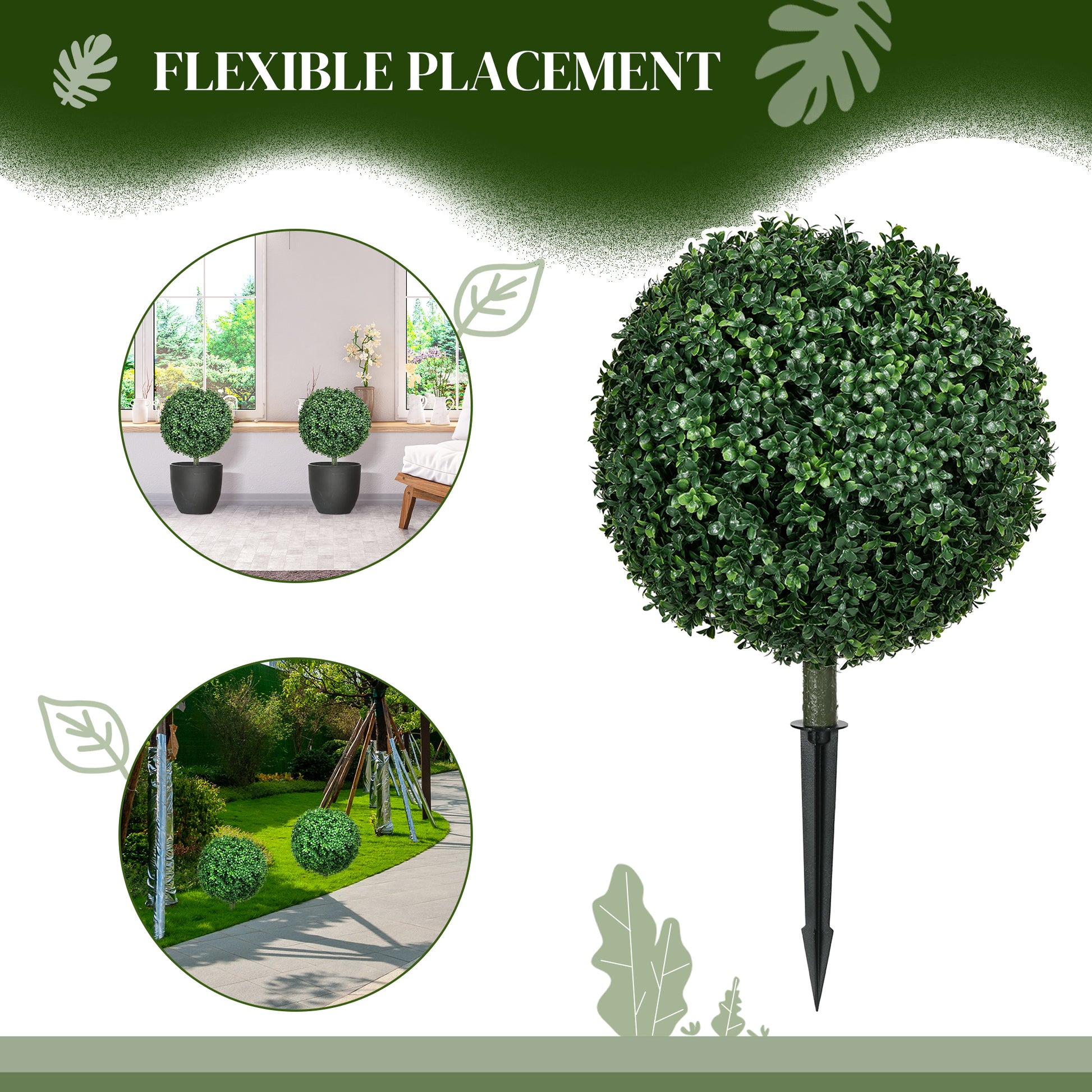 Homcom 1.3' 15.7" Artificial Boxwood Topiary Trees With Ground Stake, Uv Resistant Set Of 2 Ball Shaped Trees, Indoor Outdoor Fake Plants For Home Office & Living Room D Cor Green Plastic