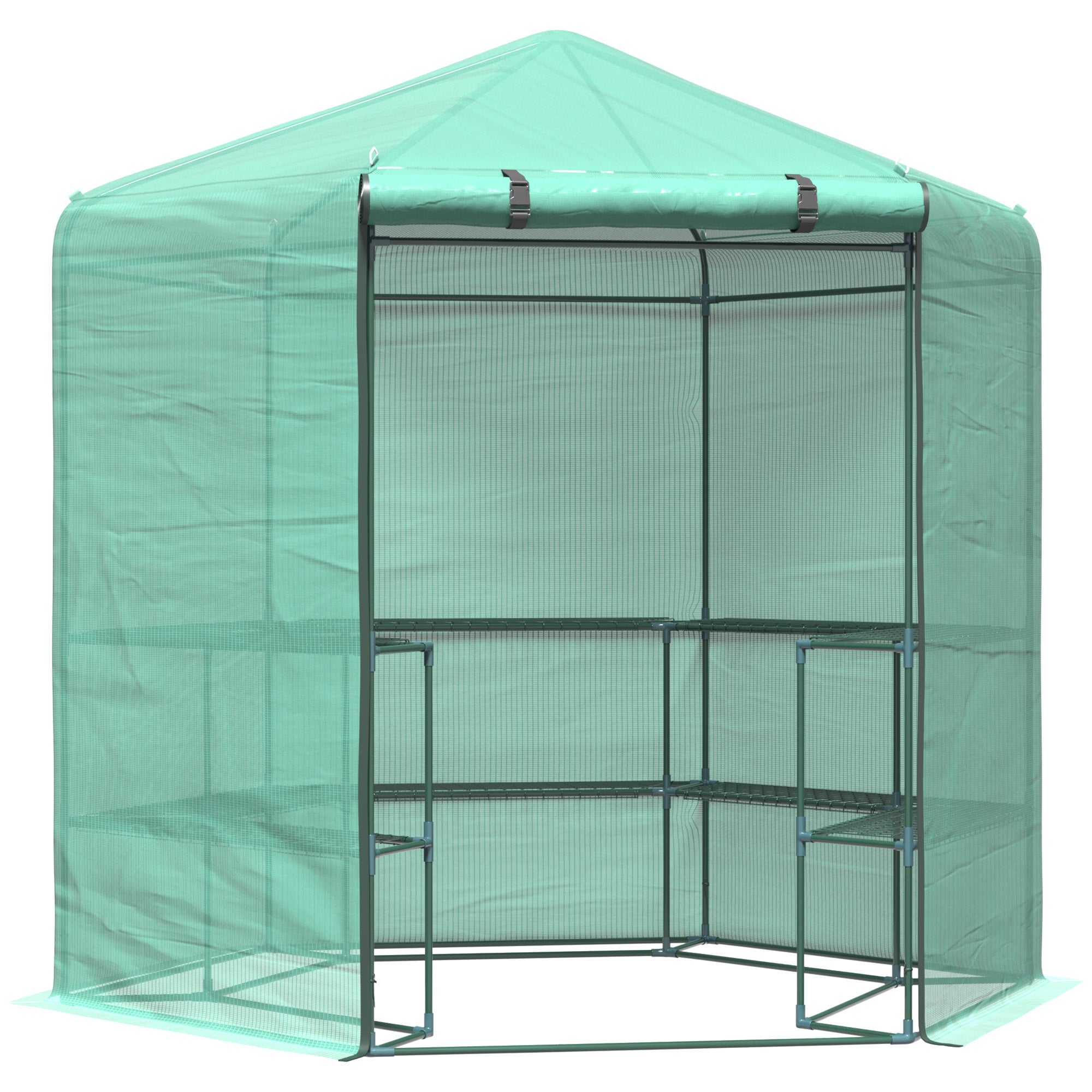 Outsunny Walk In Greenhouse Outdoor 3 Tier 10 Shelf Warm House Garden Hexagonal Hot House With Roll Up Zipper Door & Steel Frame Green Pvc