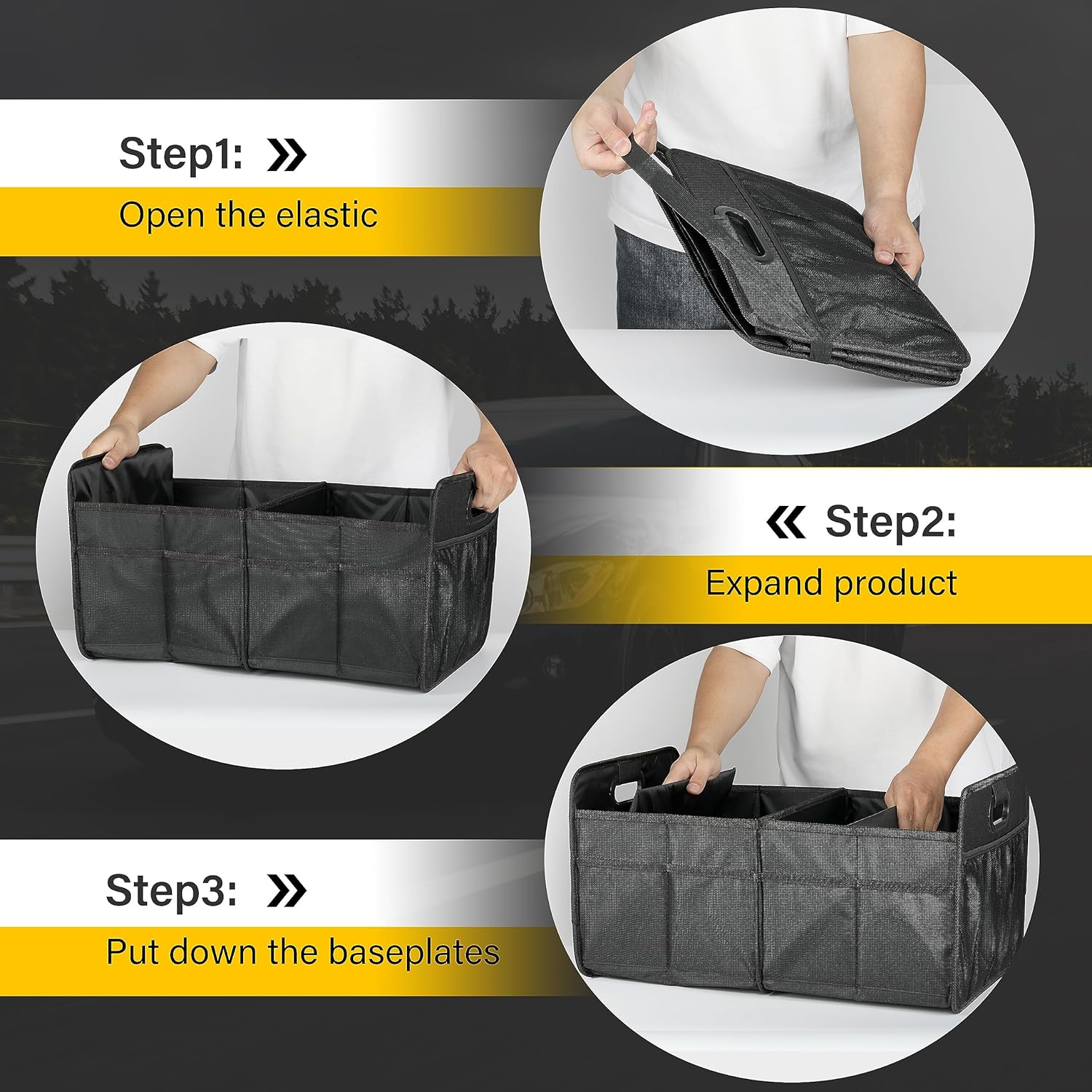 Trunk Organizer For Car Suv Truck, Collapsible 2 Compartment Automotive Storage Box, 600D Waterproof Oxford Polyester 50L Travel Accessories, Anti Slip & Leak Proof, Black Black Polyester