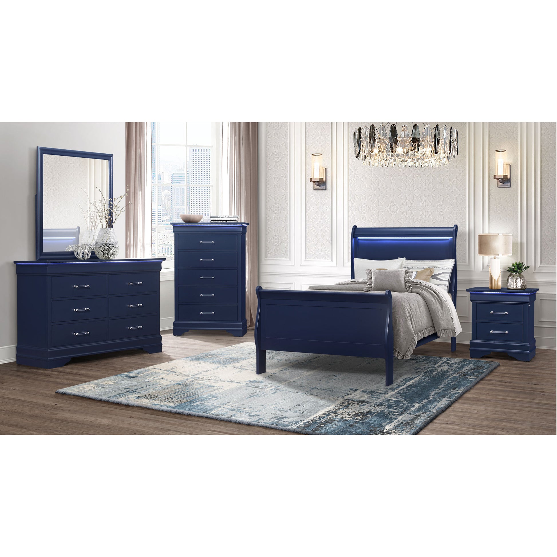 Charlston Blue Dresser With Led Blue Solid Wood Mdf