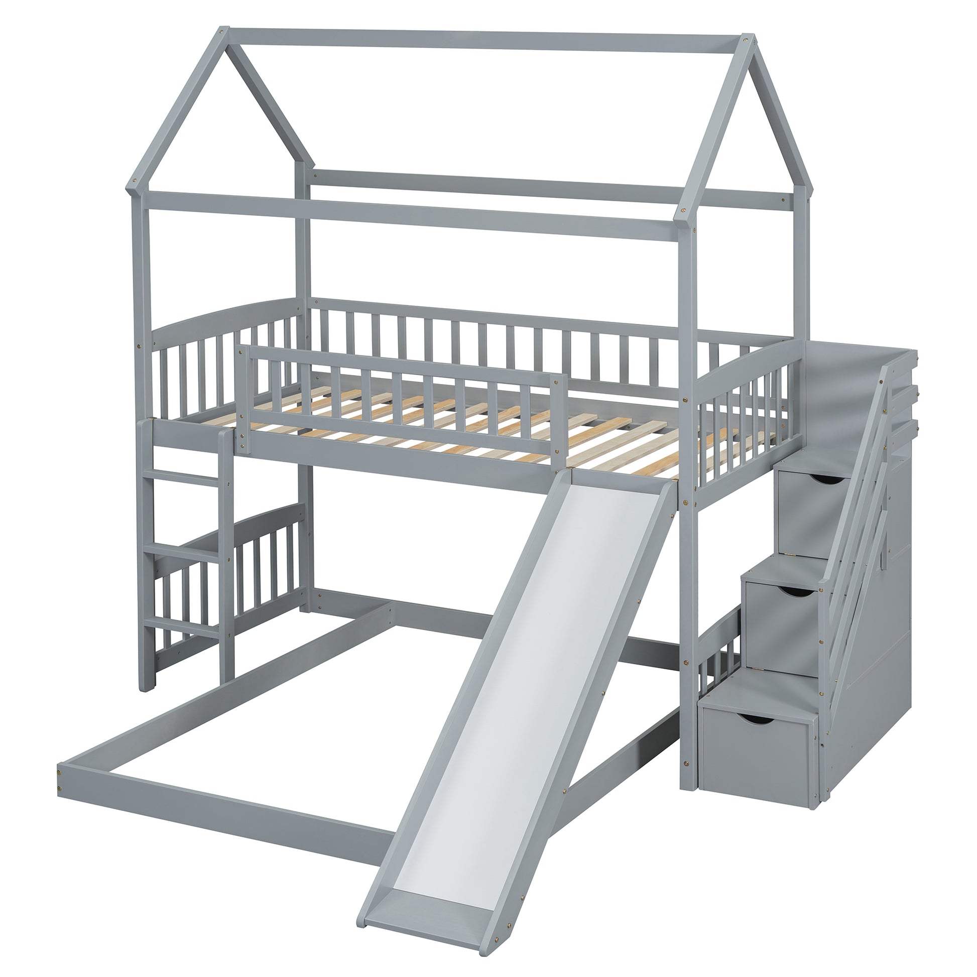 Twin Over Twin Bunk Bed With Two Drawers And Slide, House Bed With Slide, White Old Sku :Lt000129Aae Gray Pine