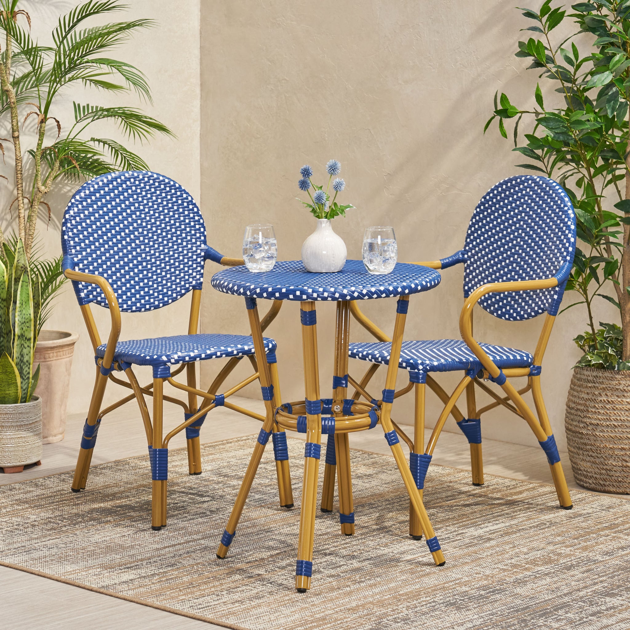 Outdoor Pe Rattan And Aluminum 3 Piece French Bistro Set, Dark Teal & White, And Bamboo Finish No Teal Blue,White Seats 2 Rust Resistant Frame Garden & Outdoor French 2 Person Seating Group Aluminum,Wicker