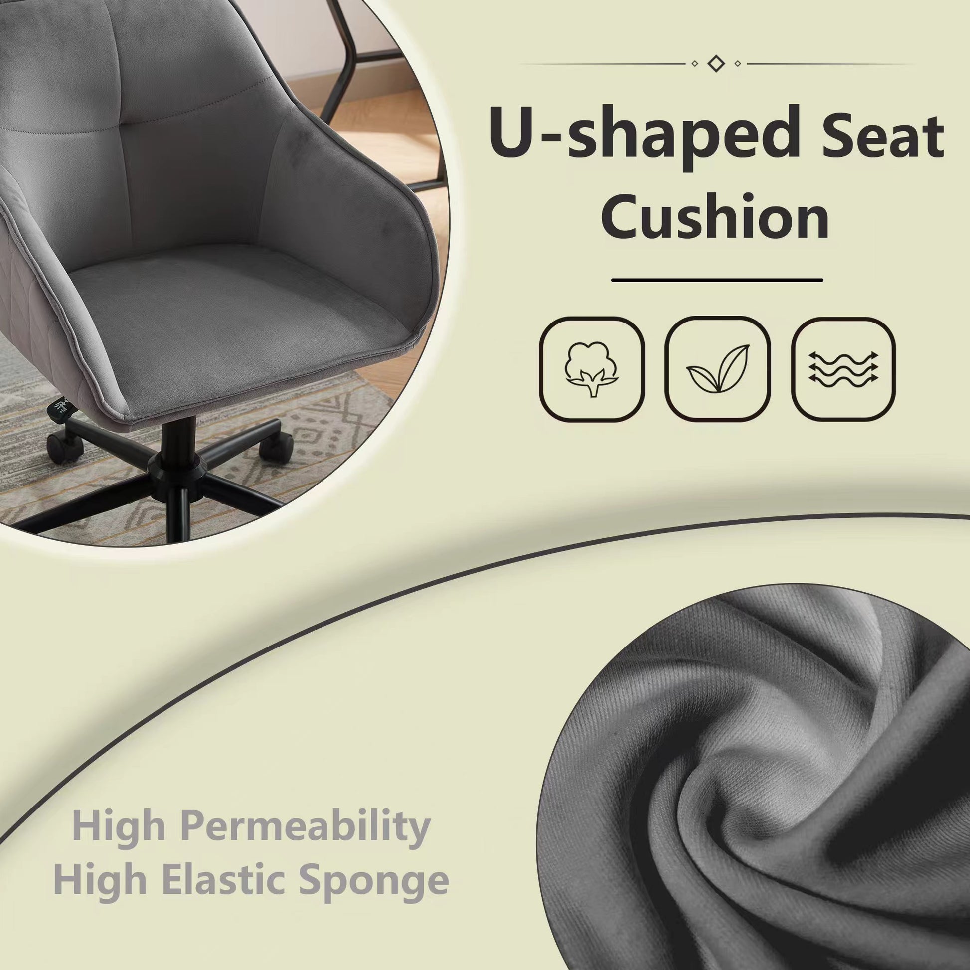 Velvet Office Desk Chair, Modern Home Desk Chair With Wheelsvanity Chairs For Living Room, Bedroom,Study Room Grey Black Foam Polyester Blend