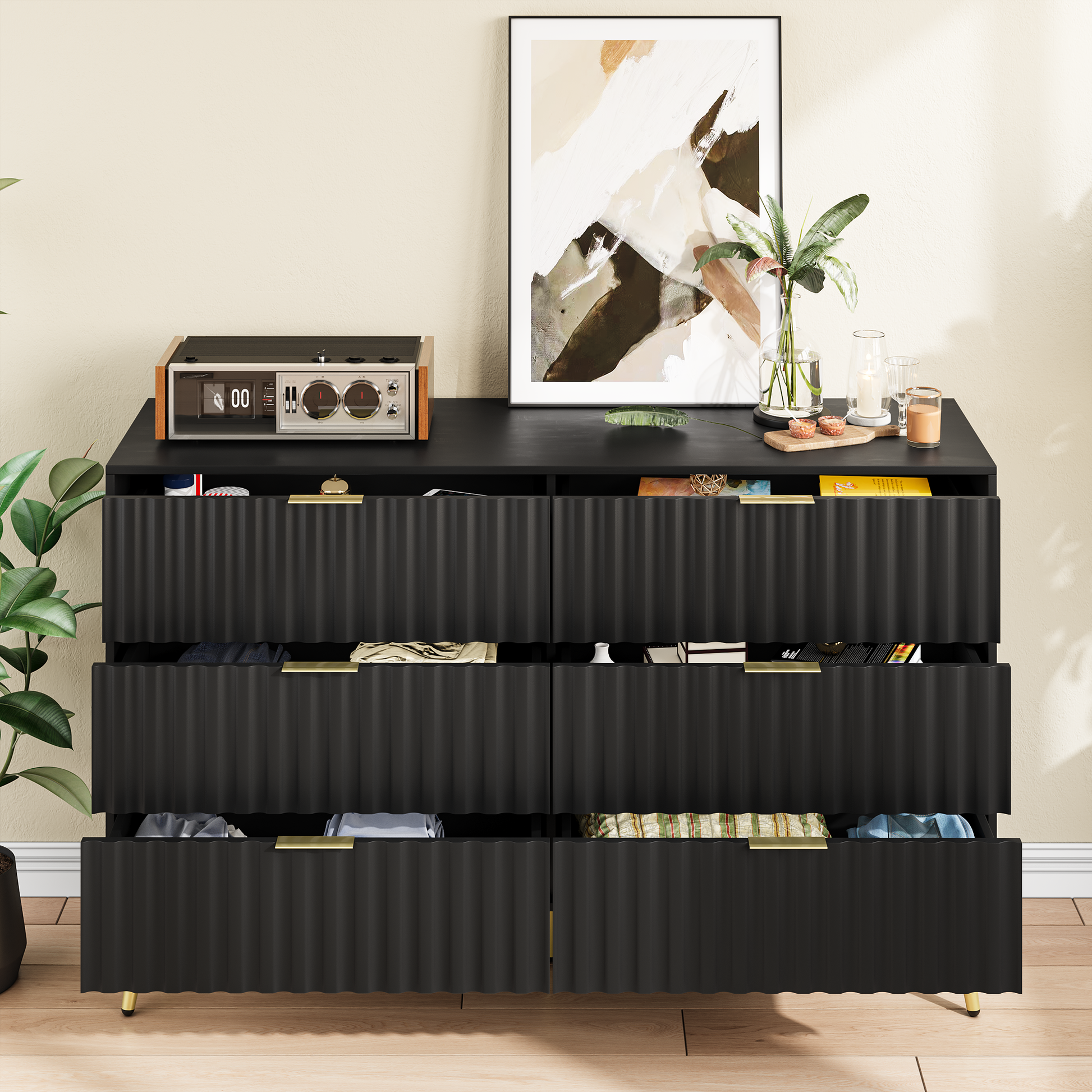 Black Modern 6 Drawers For Living Room For Hallway With Gold Handles Bedroom Chest Of Drawers Black Bedroom American Design,American Traditional,Antique,Classic,Modern Mdf