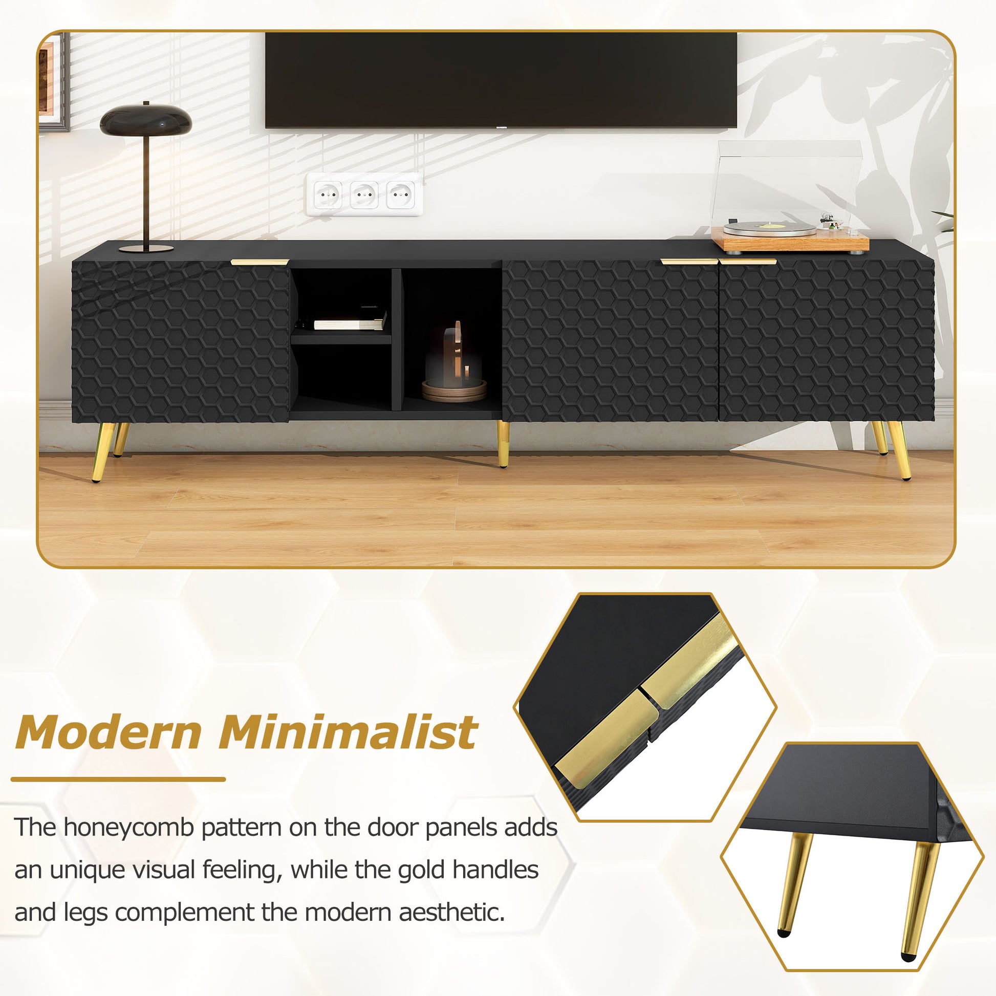 Modern Minimalist Geometric Tv Cabinet With Metal Handles And Gold Legs For Tvs Up To 80'', Multi Functional Tv Stand With Storage Cabinets, Entertainment Center For Living Room, Black Black Gold Primary Living Space 80 89 Inches 80 89 Inches 80 Inches