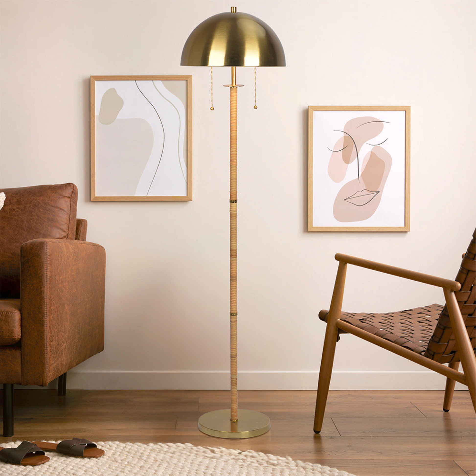 Allure 2 Light Floor Lamp, Gold Brass, Natural Rattan Tubedouble On Off Pull Chain Gold,Rattan Table&Floor Lamps Brass,Rattan