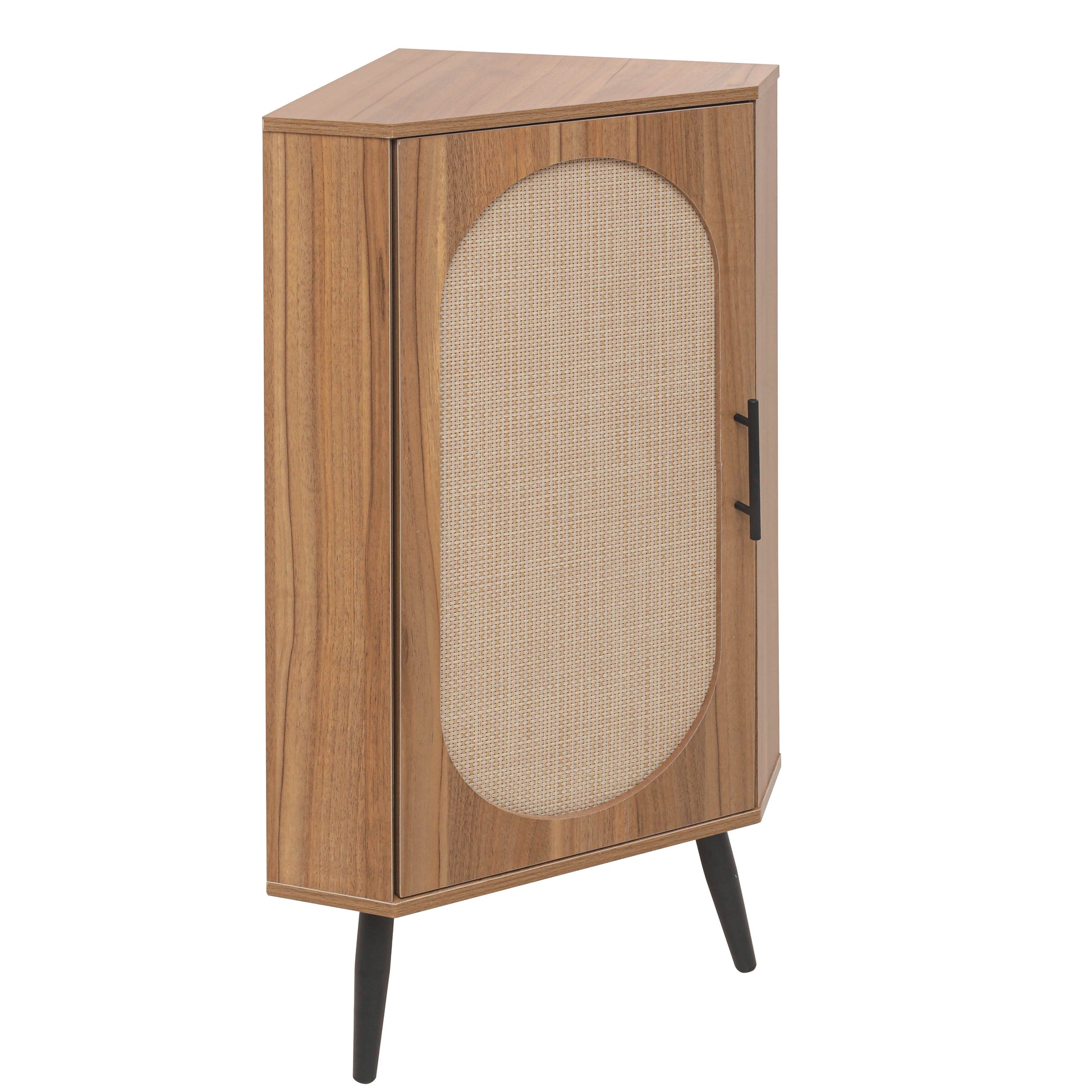 Corner Cabinet ,Rattan Door,Freestanding Corner Tables For Small Spaces, Corner Shelf Stand For Living Room, Kitchen, Bathroom, Bedroom Walnut Particle Board