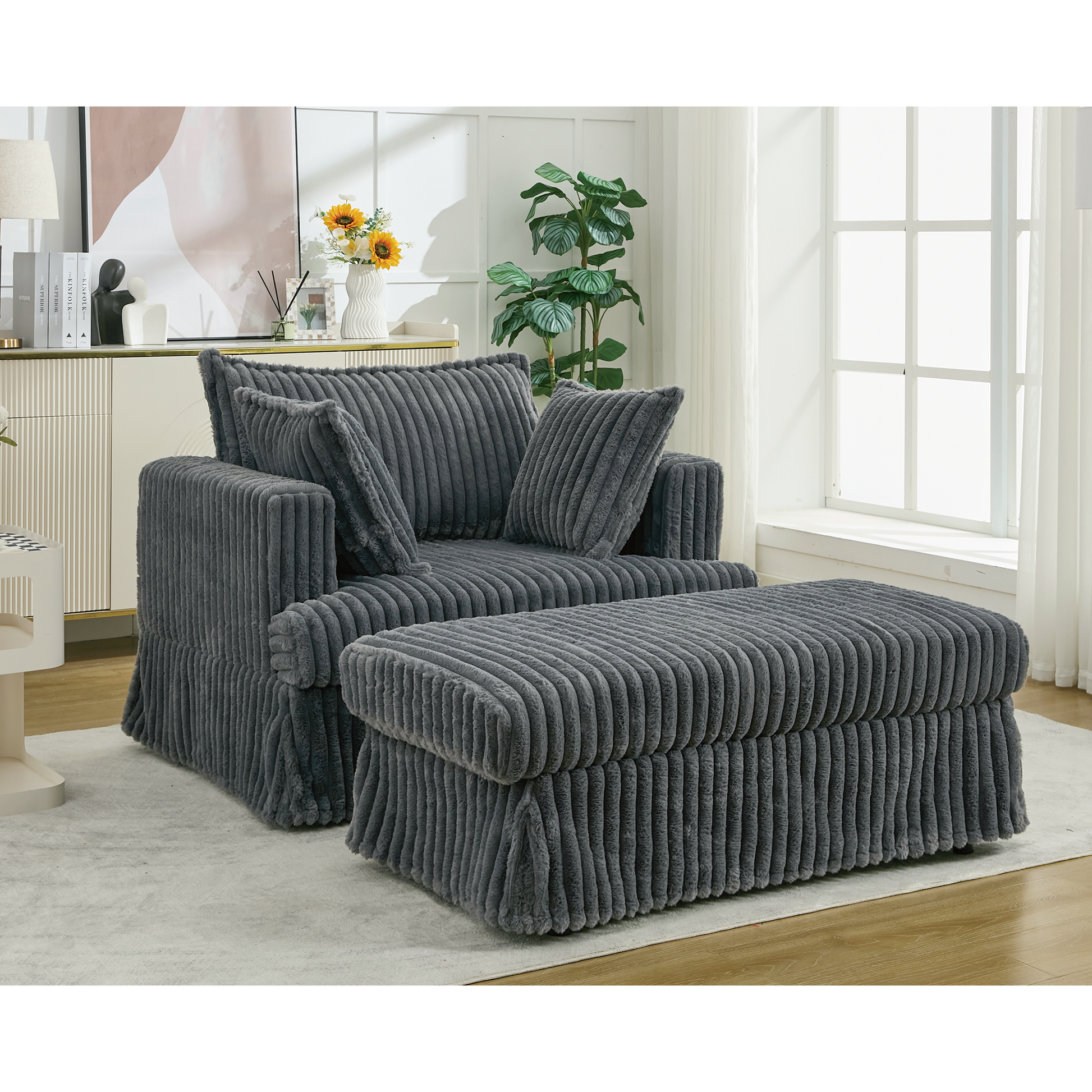 Arrived 47.7'' Oversized Corduroy Chaise Longue With Ottoman, Deep Seat Reclining Chair Sofa, Comfy Thicked Upholstered Pad Chair ,With Foot Stool ,Oversize, Movable Ottoman, Dark Gray Dark Gray