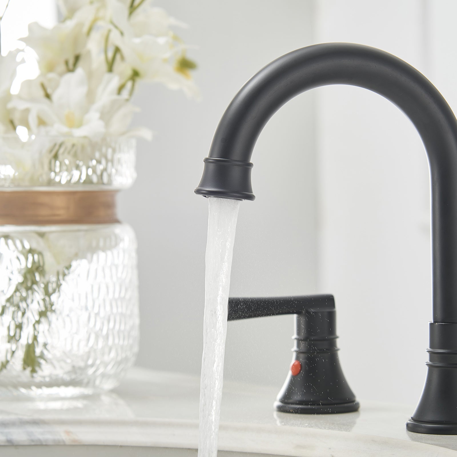 8" Widespread Dual Handle J Spout Bathroom Sink Faucet In Matte Black Matte Black Brass