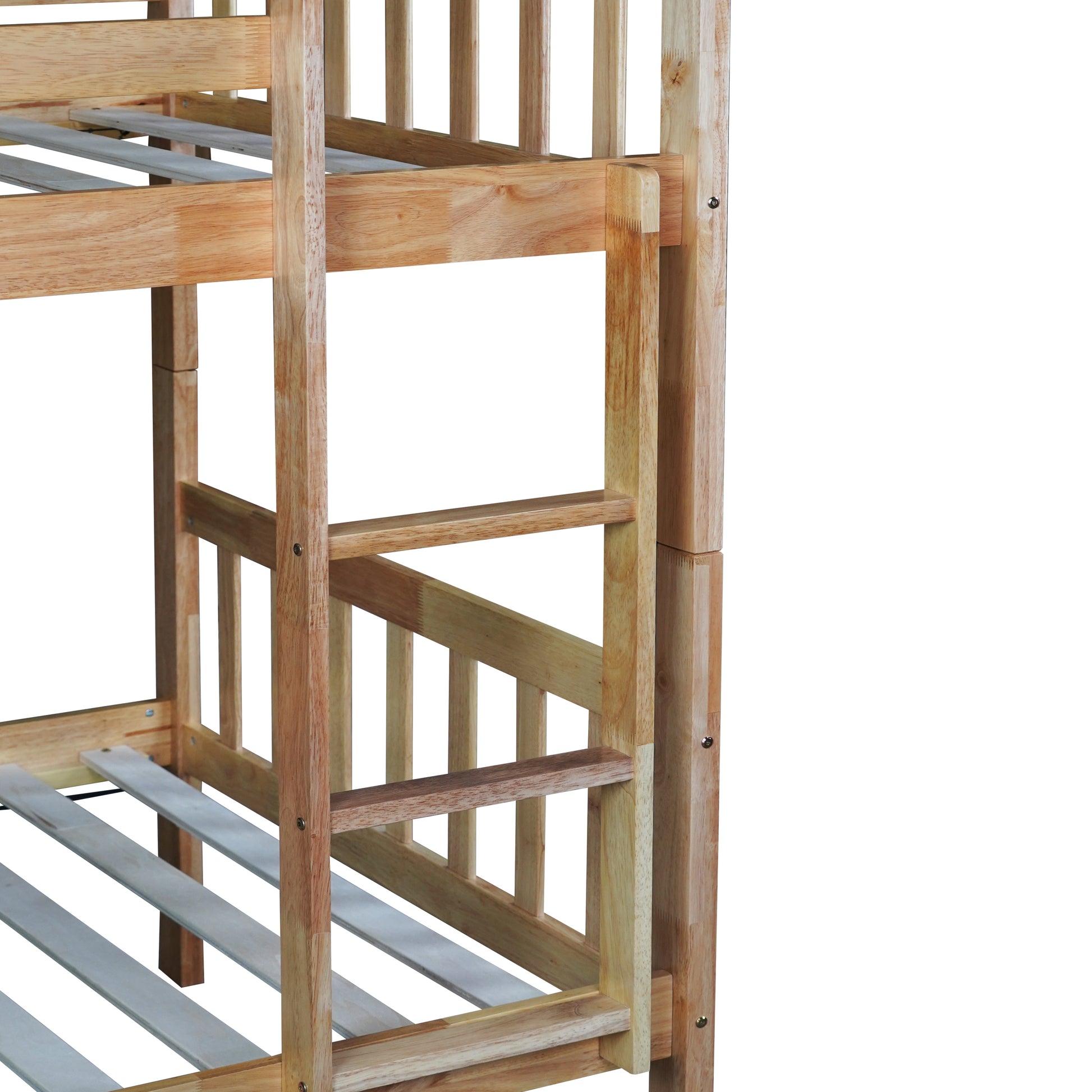 Twin Over Twin Rubber Wood Bunk Bed With Trundle, Convertible Into 2 Twin Size Beds, Twin Size Bunk Bed With Ladder And Safety Guardrails,Natural Twin Natural Rubber Wood