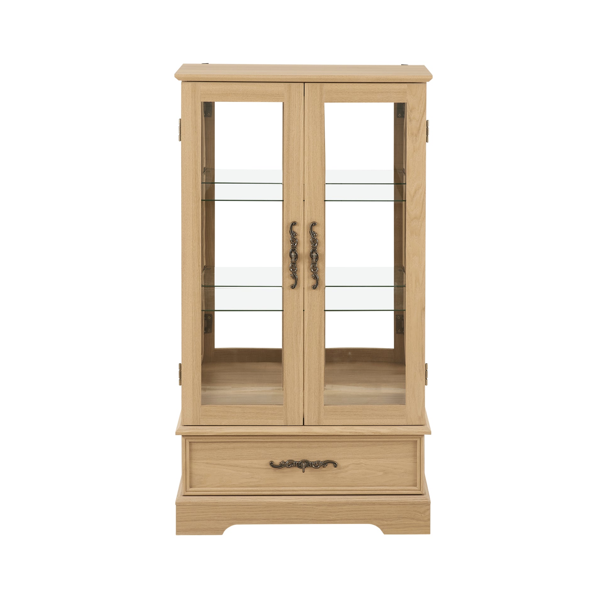 Glass Cabinet Lighted Glass Cabinet Curio Display Cabinet With Adjustable Glass Shelves 2 Doors And 1 Drawer Cabinet Bulb Included Oak Oak Mdf Glass