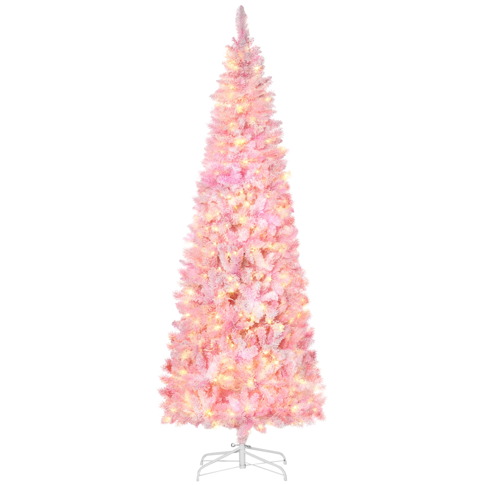 Homcom 7.5Ft Prelit Snow Flocked Artificial Christmas Tree With Pencil Shape, Pine Realistic Branches, Warm White Led Lights, Auto Open, Pink And White Pink Plastic