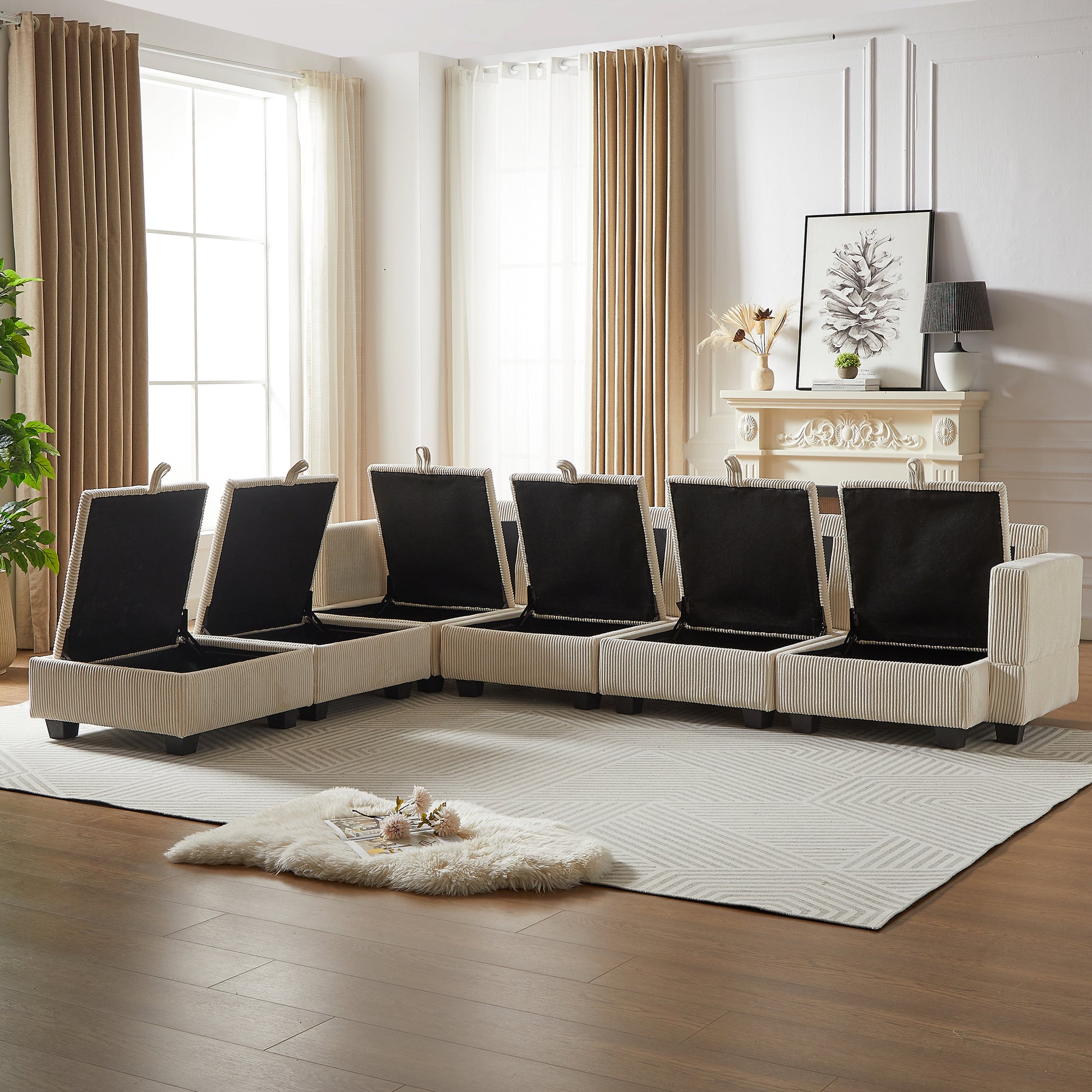 113.5'' Modular Sectiona Corduroy Sofa, Sectional Couches For Living Room U Shaped Sectional Couch With Storage Ottoman, 6 Seats Convertible Sectionals With Chaise Beige Corduroy 3 Seat