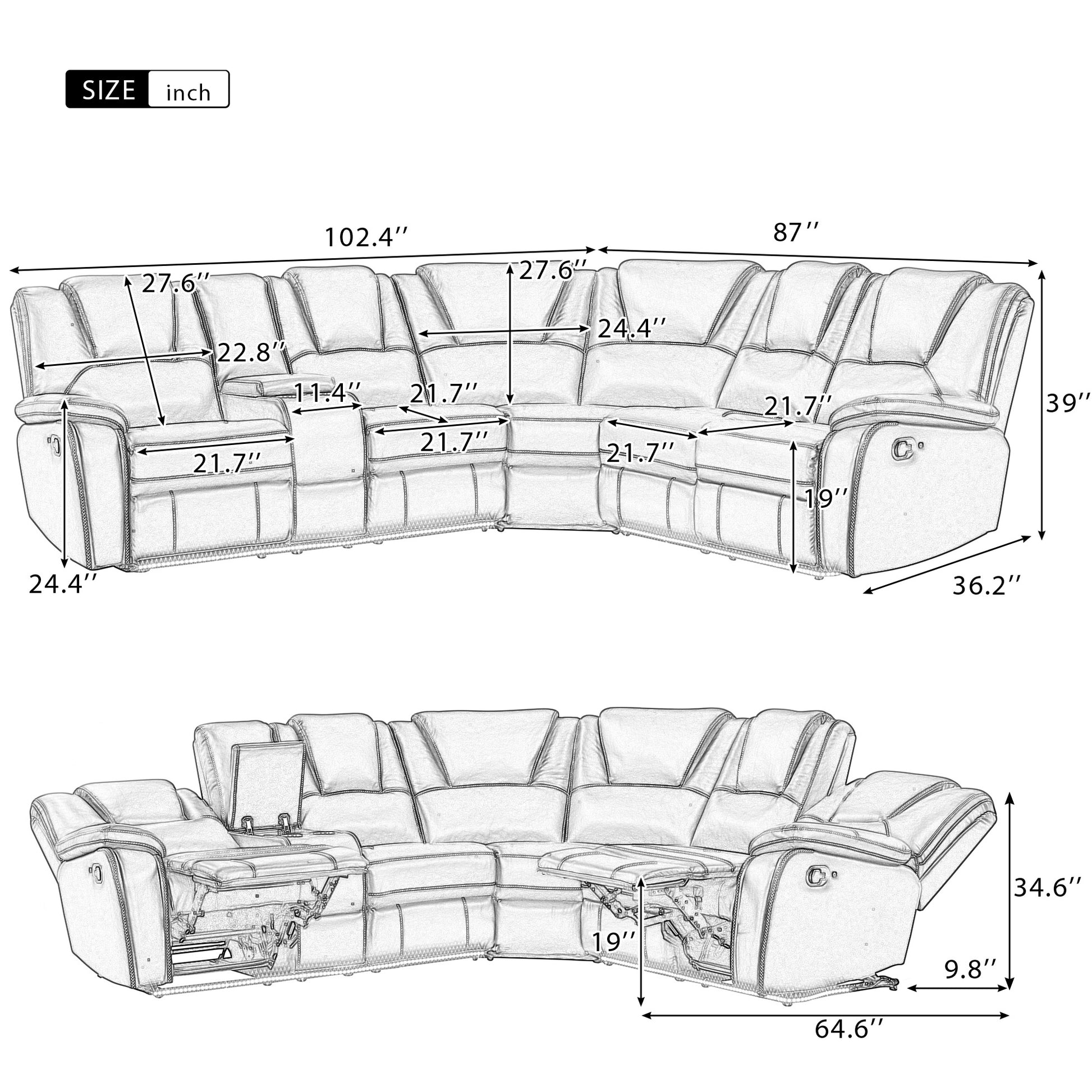 Modern Faux Leather Manual Reclining With Center Console And Led Light Strip,Living Room Furniture Set,Pu Symmetrical Couch With 2 Cup Holders And Storage For Living Room,Brown Brown Foam Pu Leather