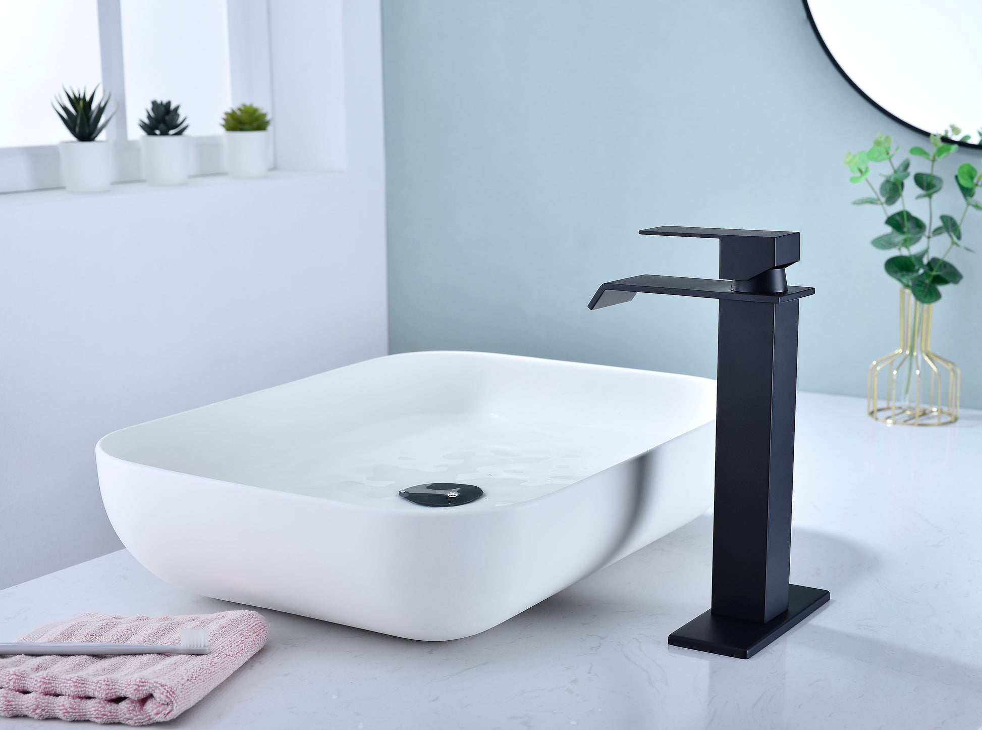 Waterfall Spout Bathroom Sink Single Handle Faucet With Pop Up Drain No Overflow Matte Black Stainless Steel