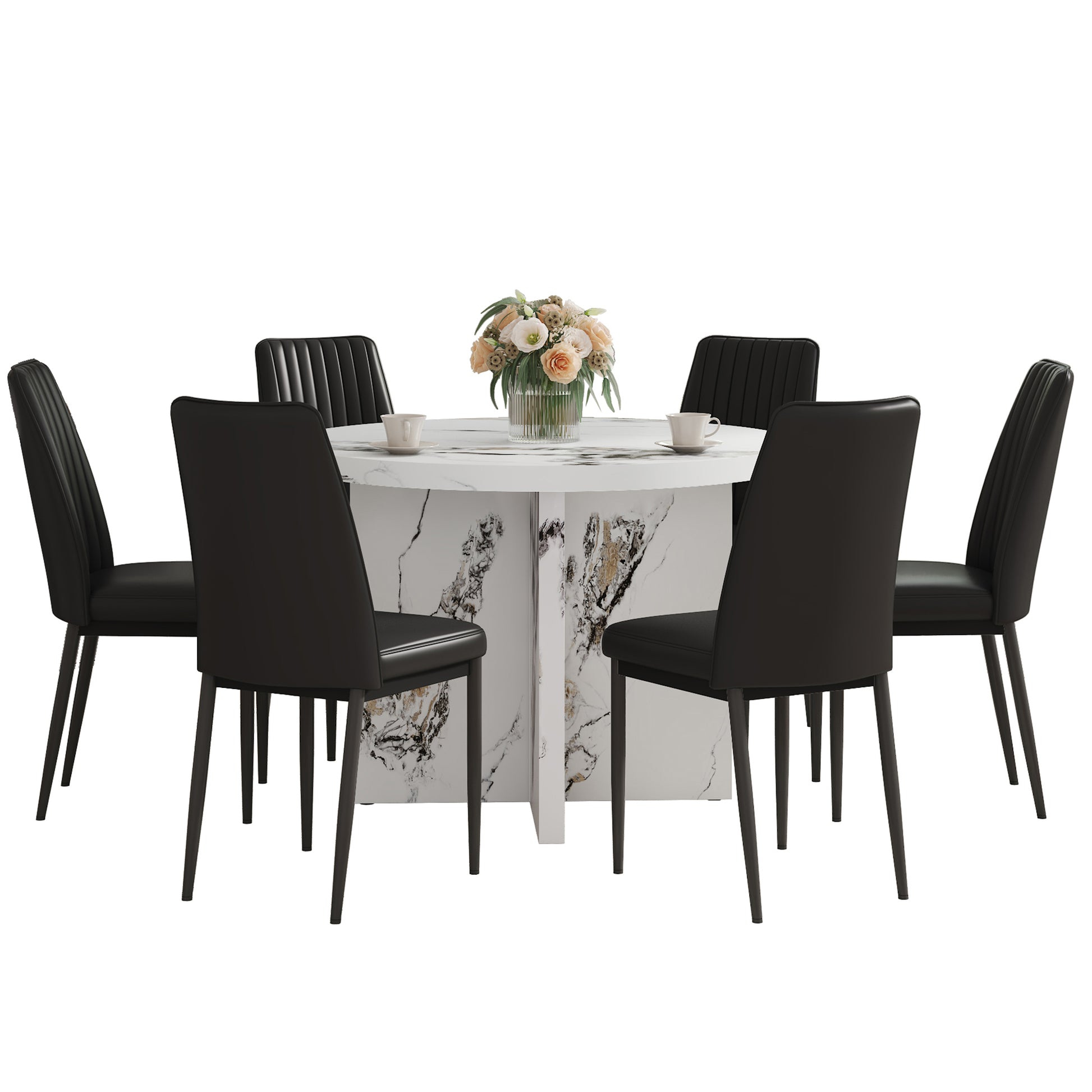 7 Piece Round Dining Table Set, 42 Inch Modern Round Table And 6 Upholstered Chairs For Dining Room, Kitchen Room, Living Room, Easy Assembly Metal White Black 42 Inches Modern Pedestal Round Mdf